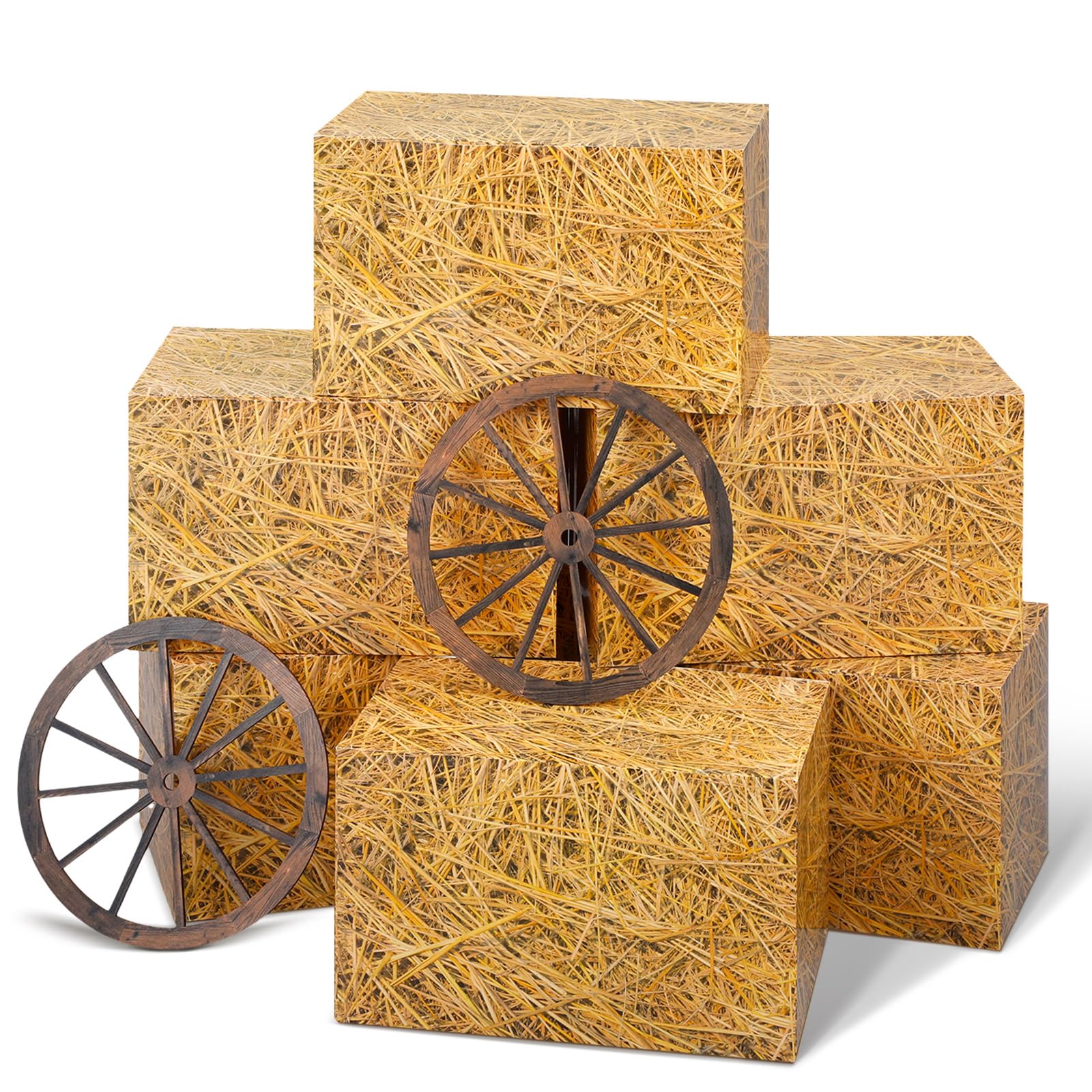 Outus 8 Pcs Cowboy Party Decorations Include 2 Rustic Wooden Wagon Wheel 6 Grain Straw Hay Bales Boxes Decor Western Party Decor
