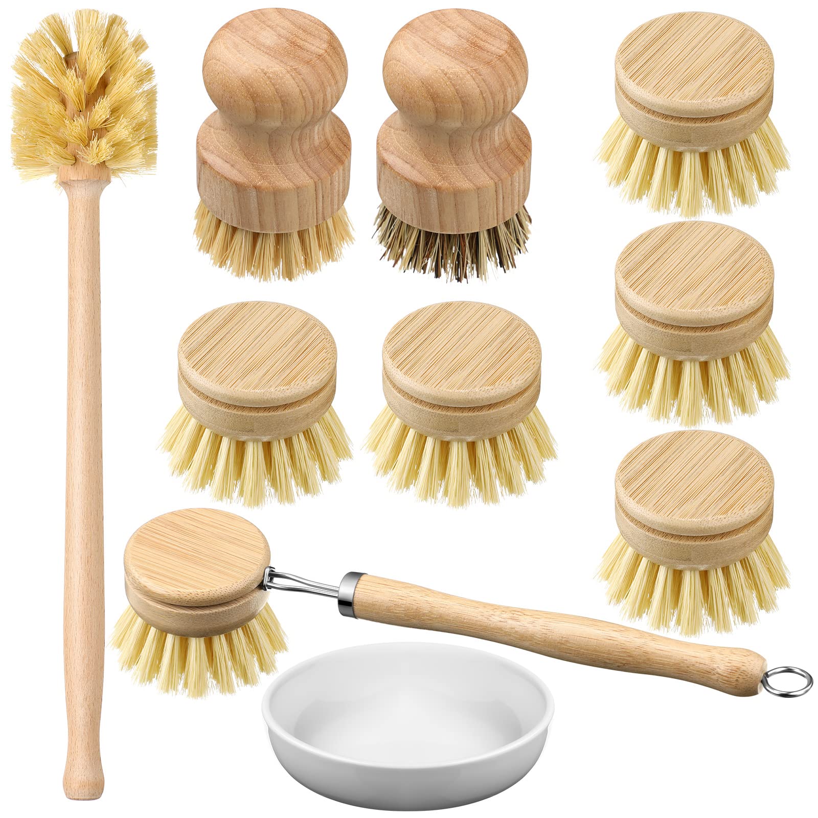 10 Pieces Wooden Dish Brush Set Bamboo Dish Brush Wood Bottle Brush With Replacement Heads For Dishes, Wide Mouth Bottles, Cups