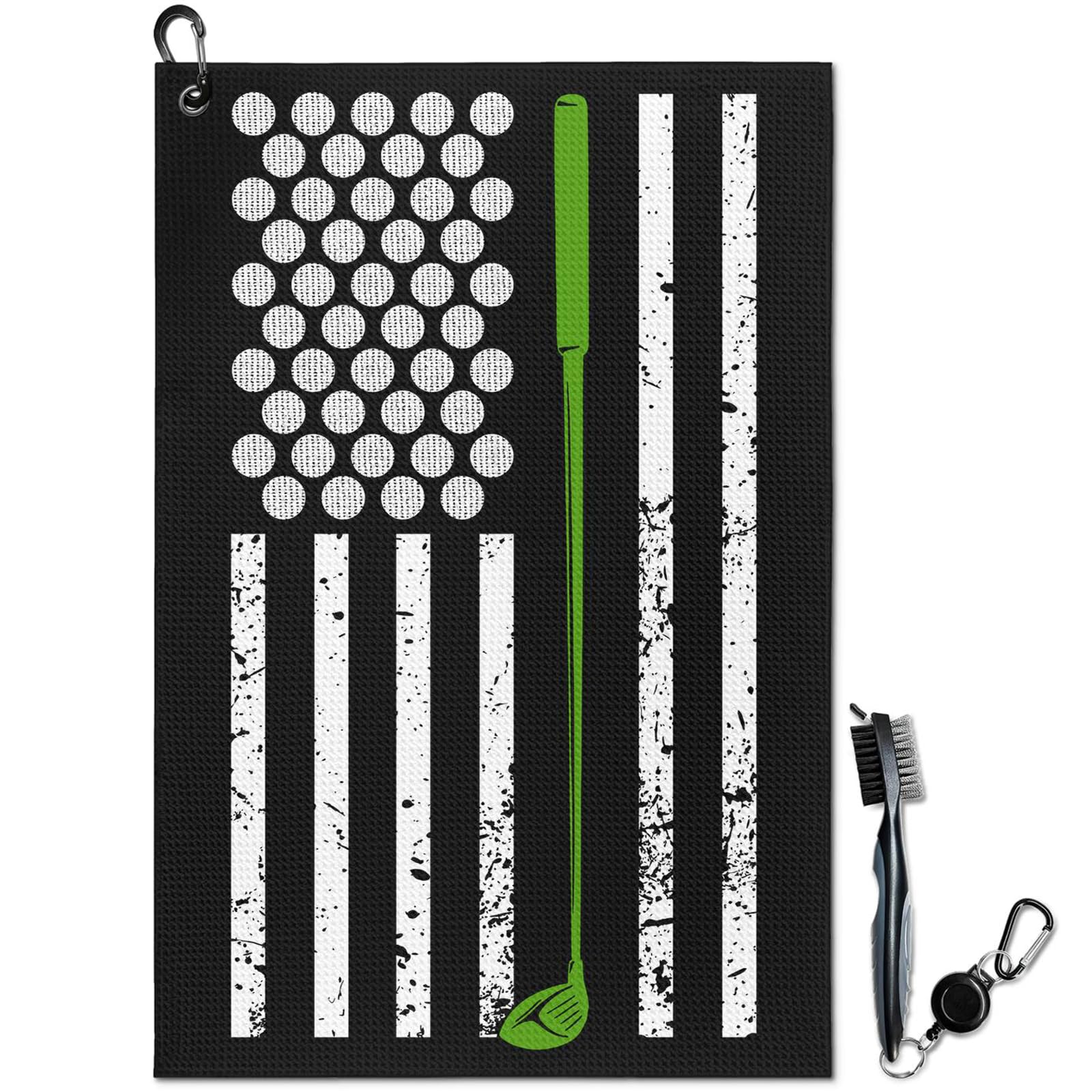 American Flag Golf Towel and Brush Set, Microfiber Waffle Golf Bag Towel with Clip, Golf Cleaning Kit Gifts for Men and Women, F