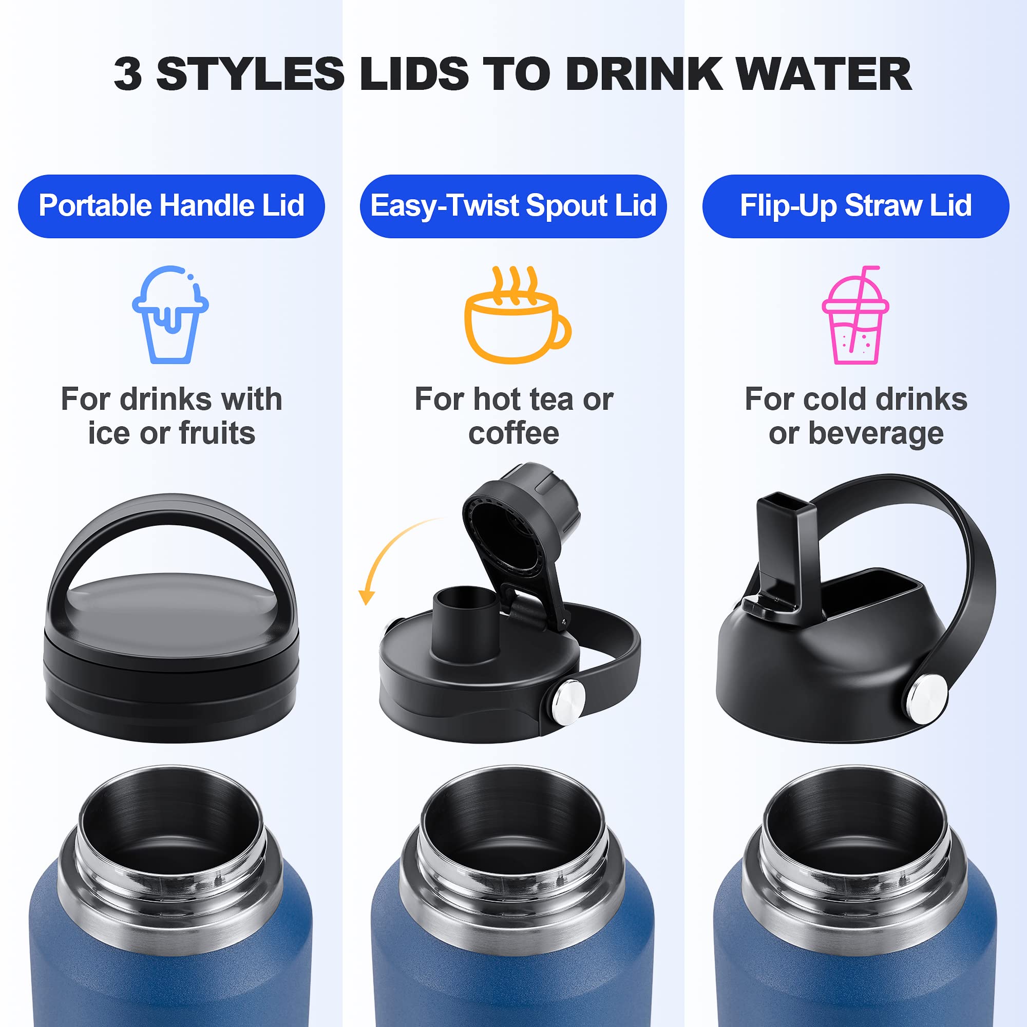 HYDROWION Stainless Steel Water Bottle  32oz Tumbler Water Flask W/Straw Lid  Spout Lid and Flex Cap  Insulated Water Bottle (Cold for 48 Hrs Hot for 24 Hrs) Fit in Any Car Cupholder White&Purple