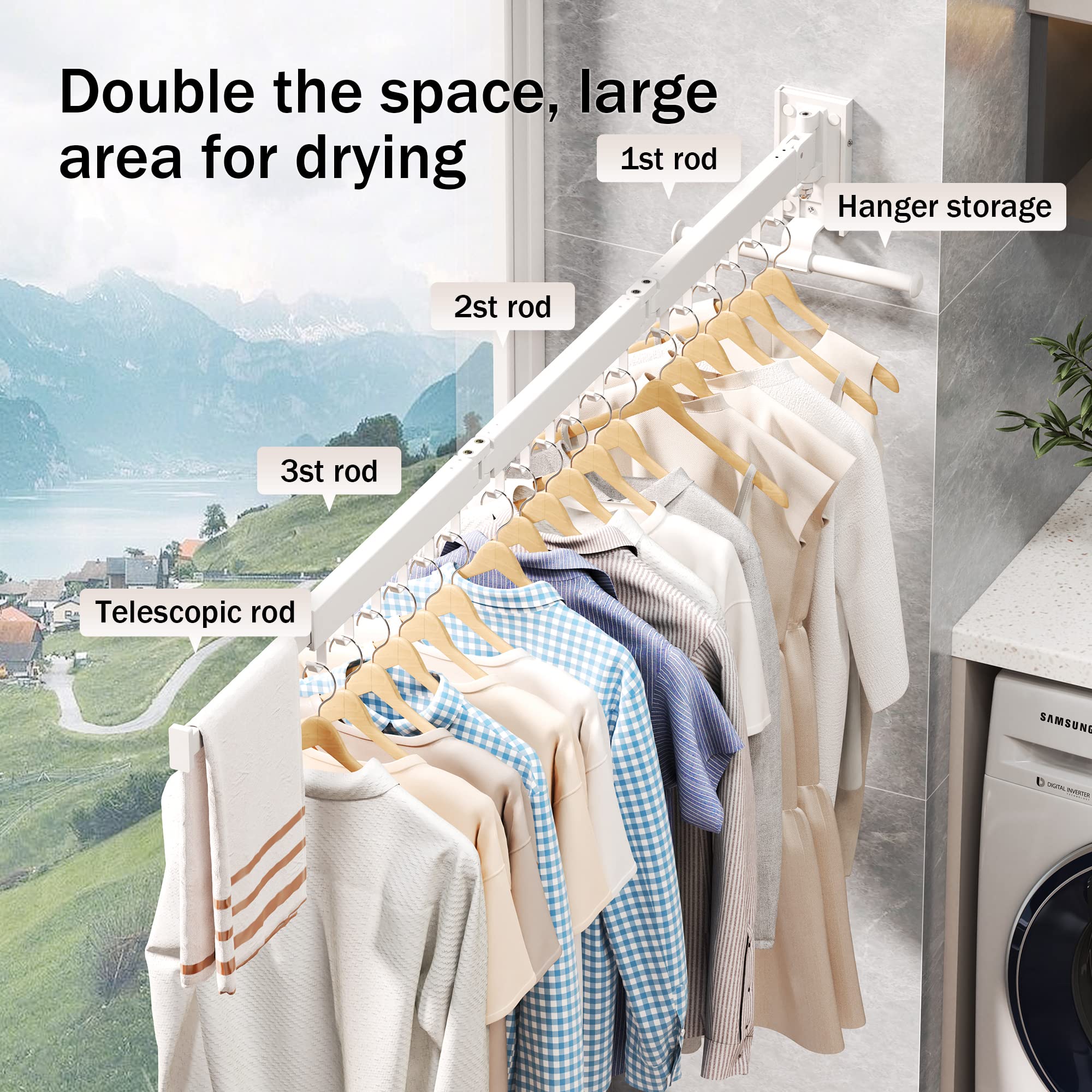 LIENAHU Clothes Drying Rack Laundry Drying Rack Clothes Rack Wall Mount Wall Mounted Laundry Rack Folding Retractable Clothing Rack Collapsible Clothes Hanging Rack(can fold Upward)-White