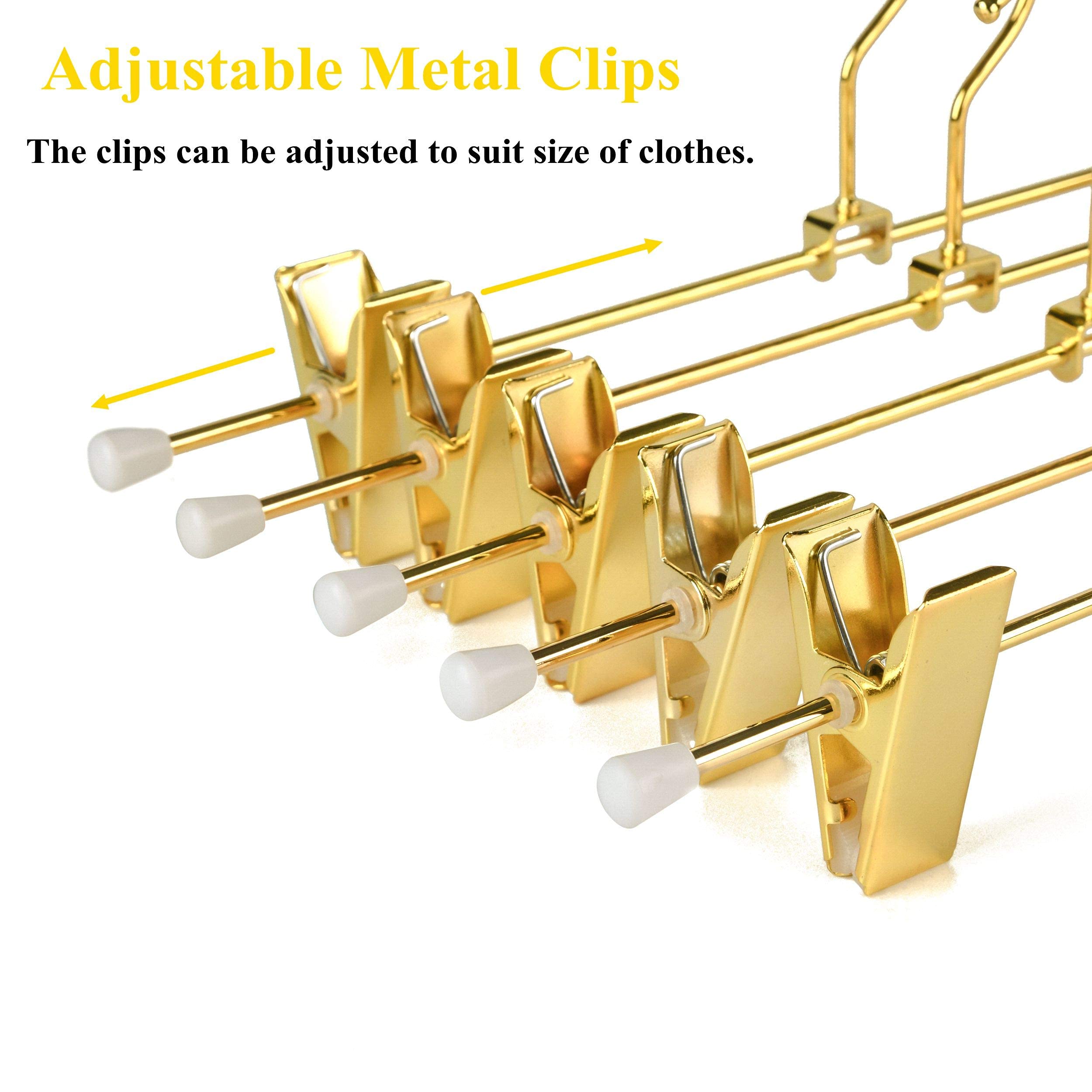 Amber Home Shiny Gold 12 Inch Metal Pants Skirts Hanger 10 Pack, Sturdy For Slacks Trousers With 2 Adjustable Non Slip Clips And