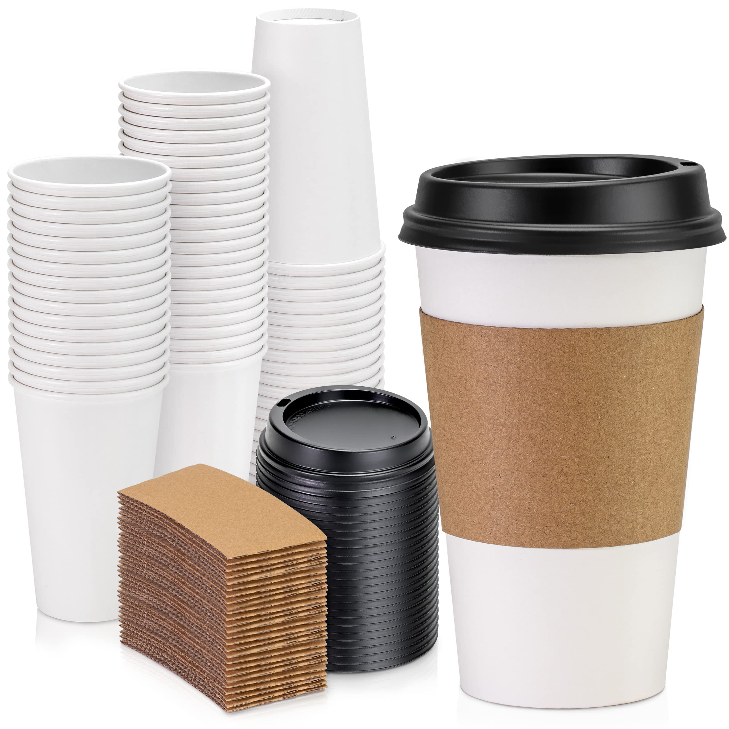 Fit Meal Prep 50 Pack 16 Oz Disposable Coffee Cups With Lids, Sleeves And Stirrers, Premium To Go Coffee Cups With Lids, Durable