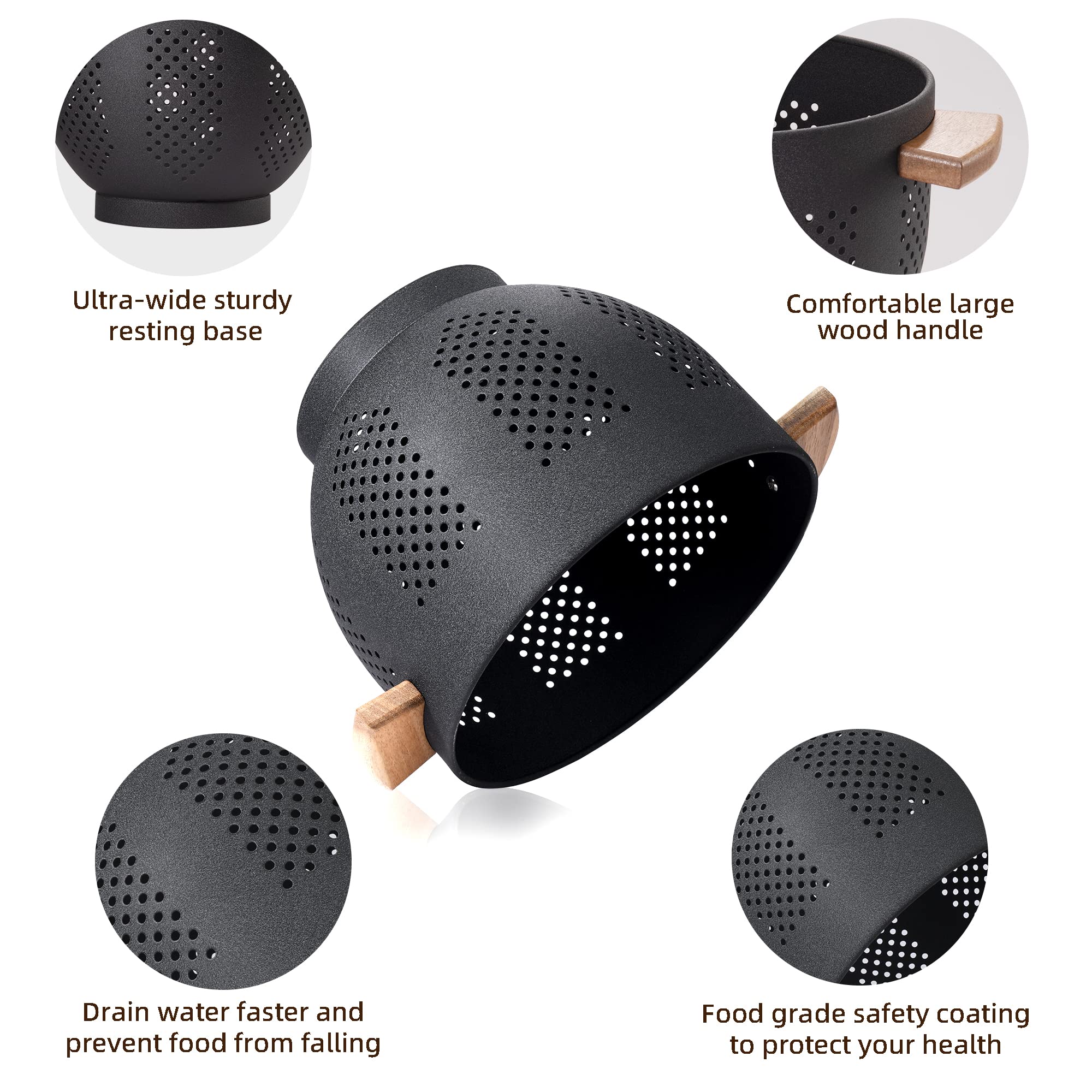 Metal Colander With Wood Handle And Stable Base, Powder Coated Steel Kitchen Strainer Basket For Draining Pasta, Vegetable And F