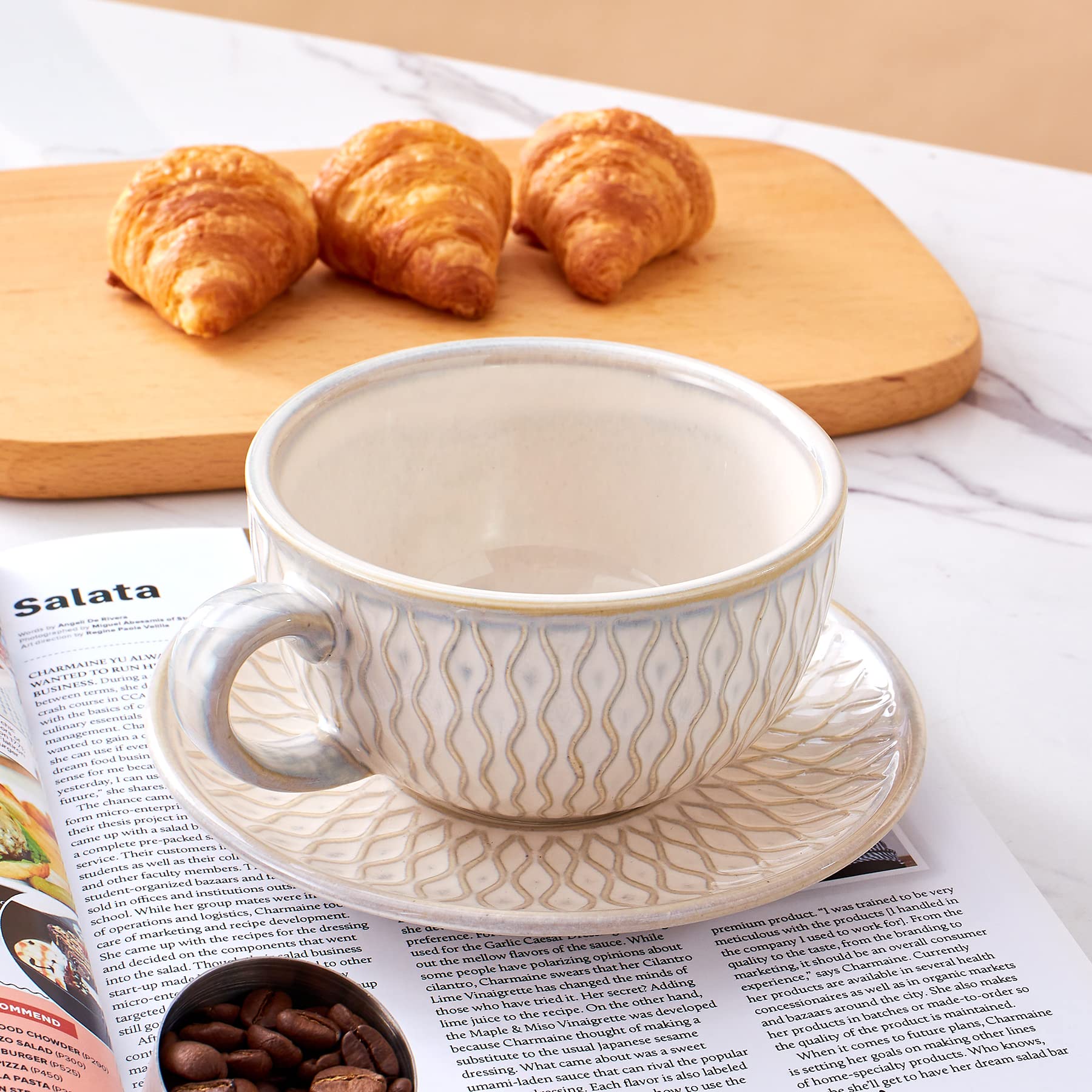 Coffeezone Vintage Design 12 Oz Ceramic Latte Art Cappuccino Barista Cup With Saucer (Embossed Beige)