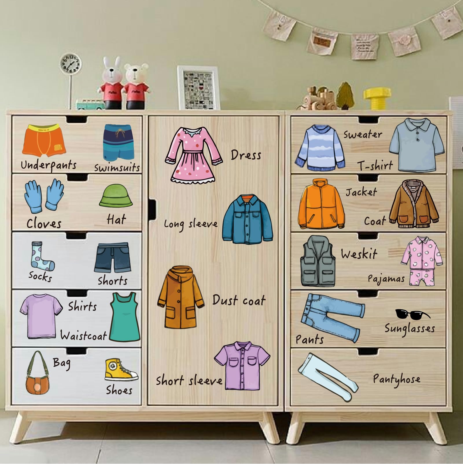 PRESSINART 4 Pcs 4 Styles Dresser Clothing Decals Wardrobe Stickers for Closet PVC Self-Adhesive Clothes Storage Classification 