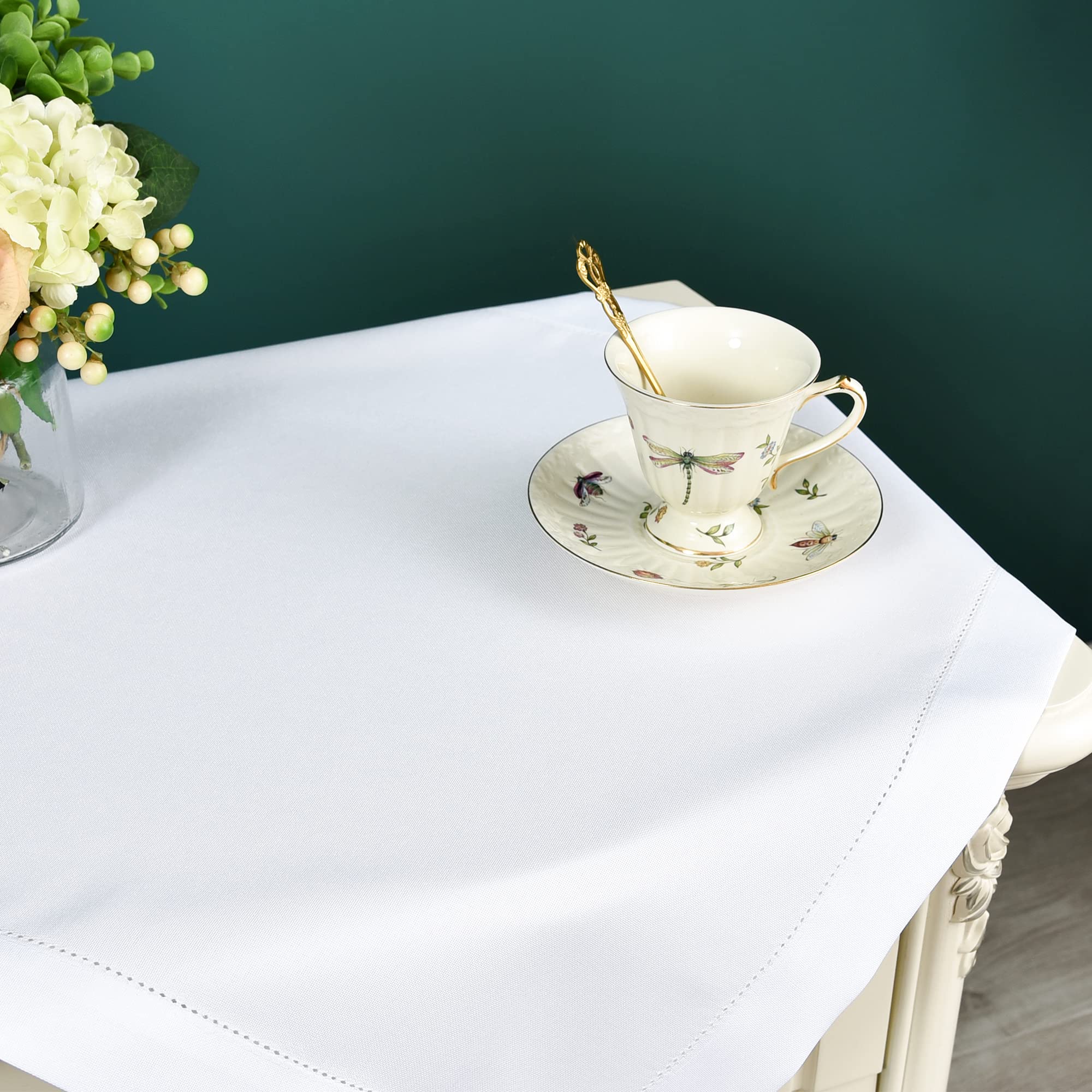 Newisher Farmhouse Small Square Hemstitch Border Tablecloth Neutral Faux Linen Table Cloth Rustic Solid Beige End Table Cover Fo