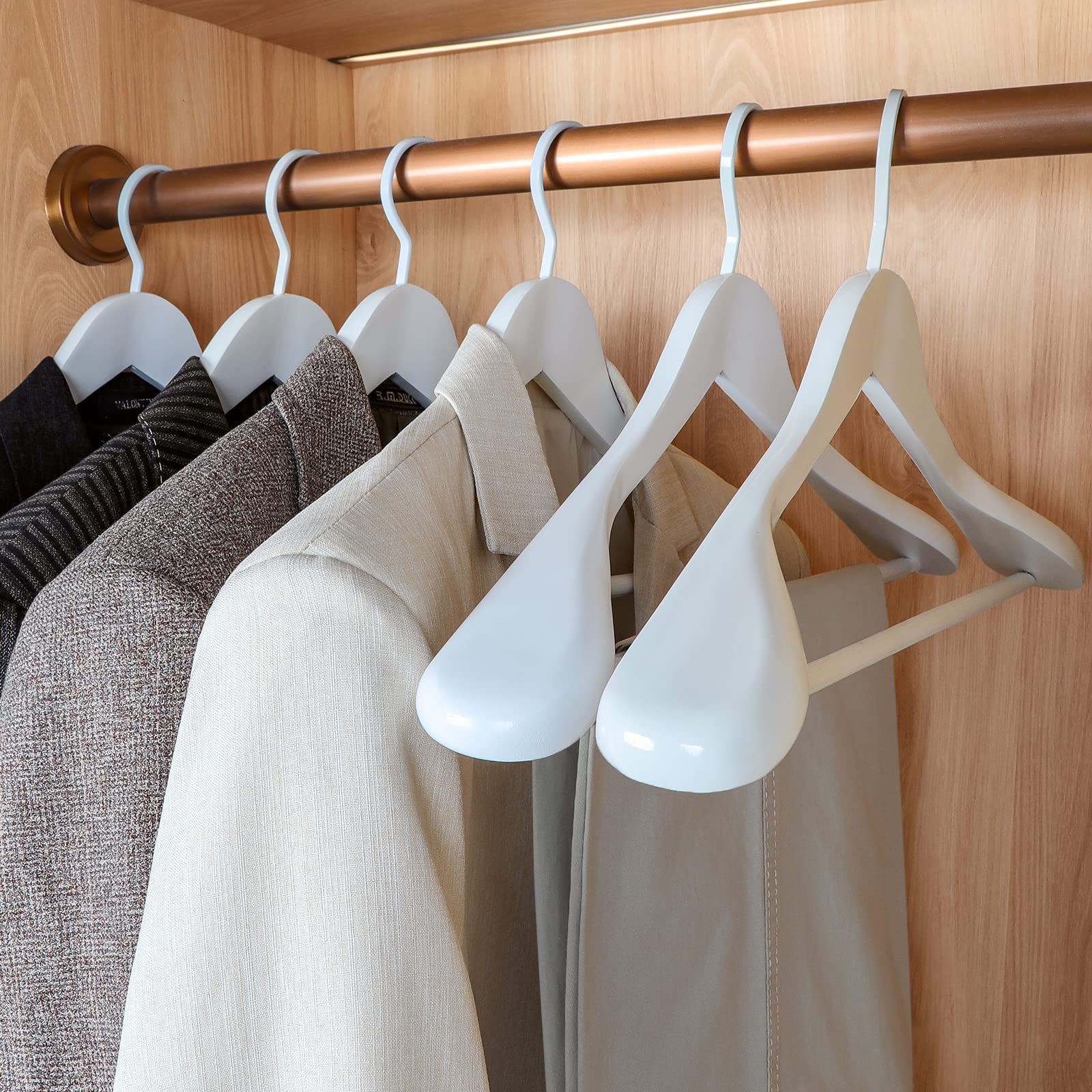 Topia Hanger White Wooden Coat Hanger 6 Pack, Wood Suit Hangers,Glossy Finish With Extra-Wide Shoulder, Thicker White Hooks & An