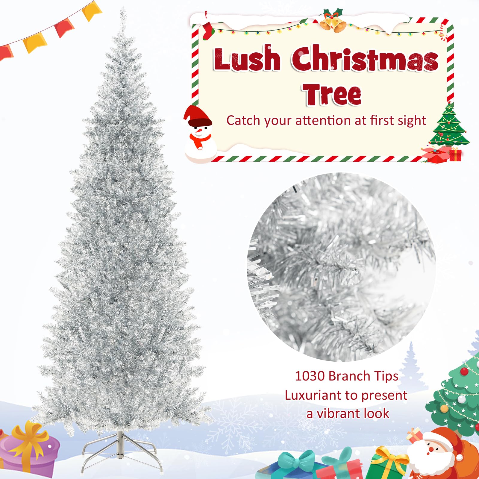 GOFLAME 7FT Pre-Lit Pencil Christmas Tree, Hinged Christmas Tree with Tinsel Leaves, 1030 Branch Tips & 400 Warm White LED Light