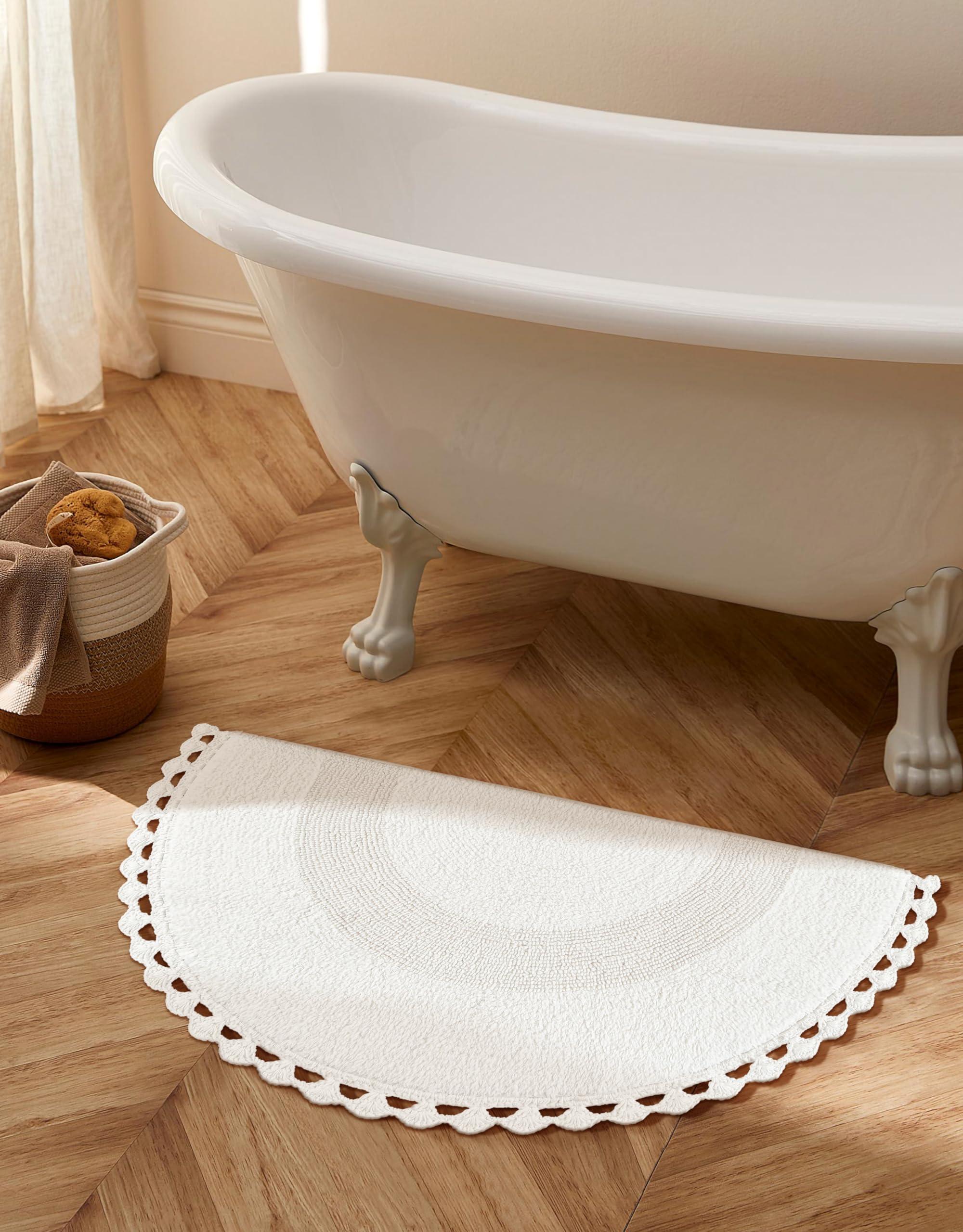 Savi Home Half Circle Bohemian Bathroom Rug With Handwoven Chrochet Border, Beautifully Handcrafted 100% Cotton Mat - 22X42, Rou