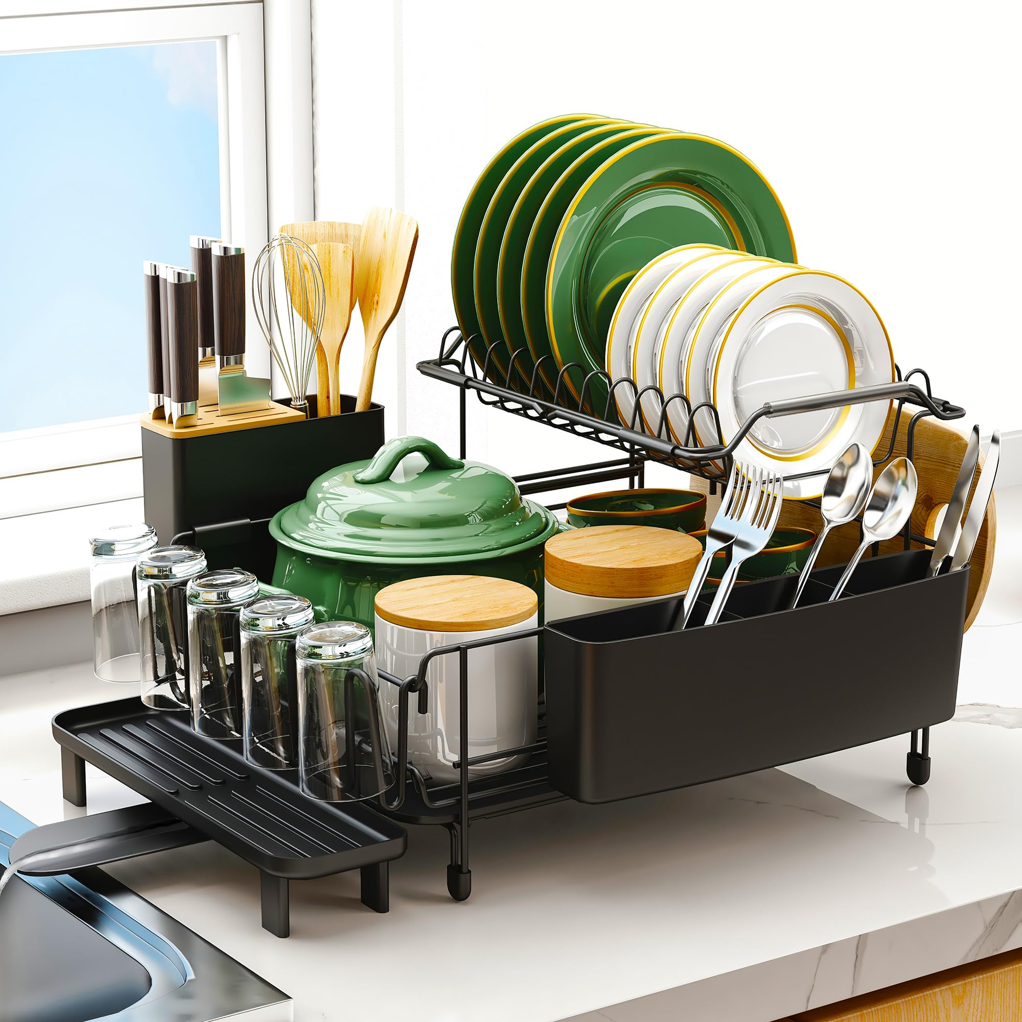 Runnatal Large Dish Drying Rack With Drainboard Set, Stainless Steel Detachable 2-In-1 Large-Capacity 2-Tier Over The Sink Anti-