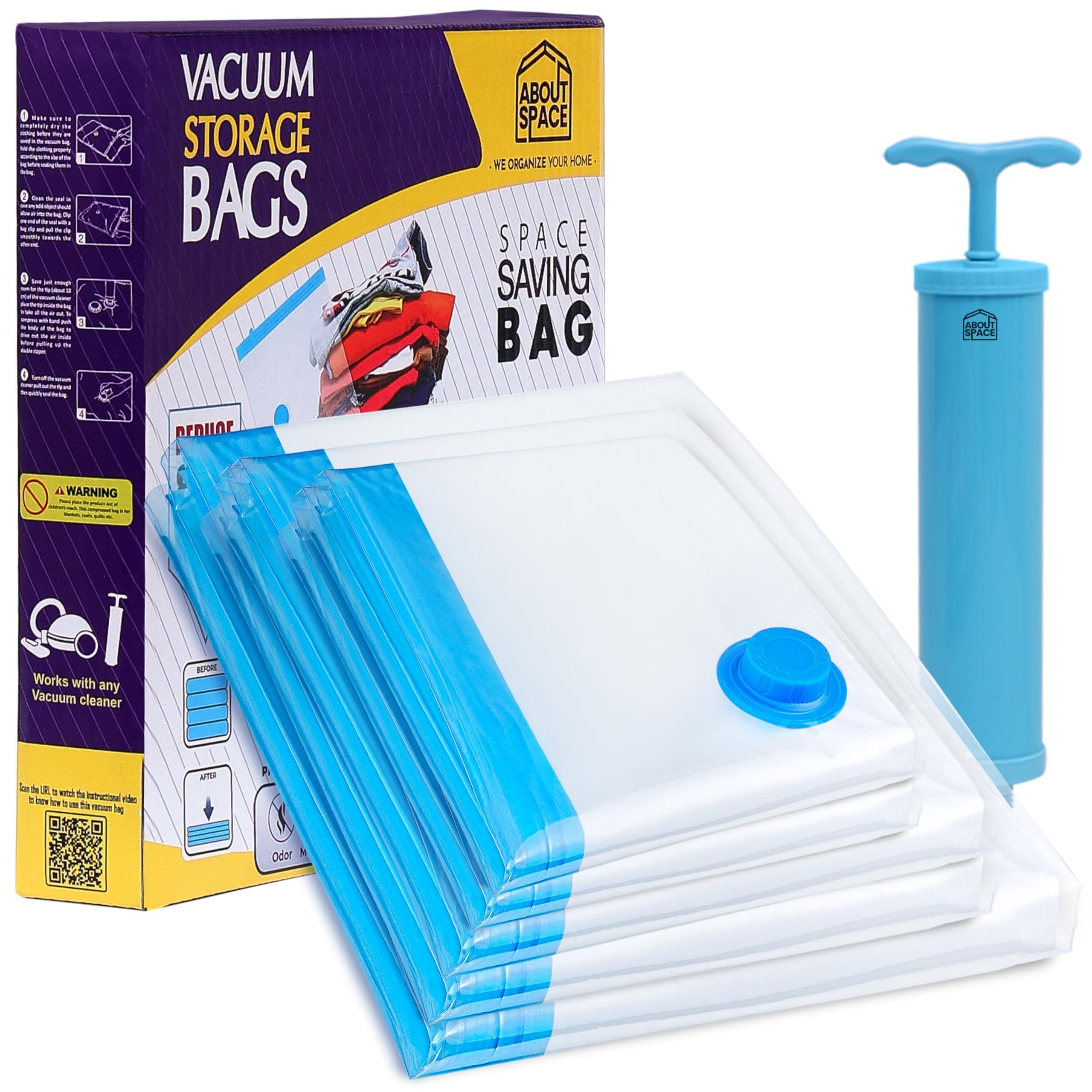 About Space 3 Pack Vacuum Bags For Travel With Hand Pump (1 Large/2 Medium) Polyamide Polyethylene Airtight Ziplock Reusable Spa