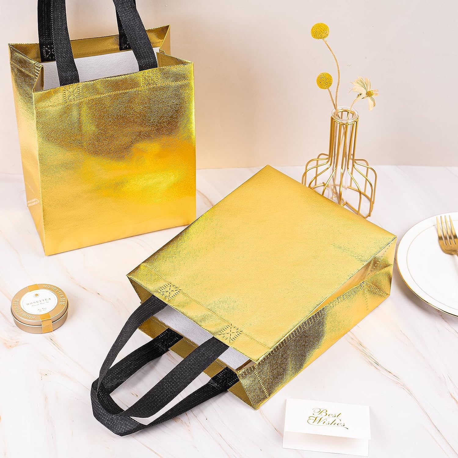 Drapme Small Size Pack Of 20 Pcs Glossy Metallic Laminated Non-Woven Reusable Eco-Friendly Party Return Gift Bags (Golden) (Smal