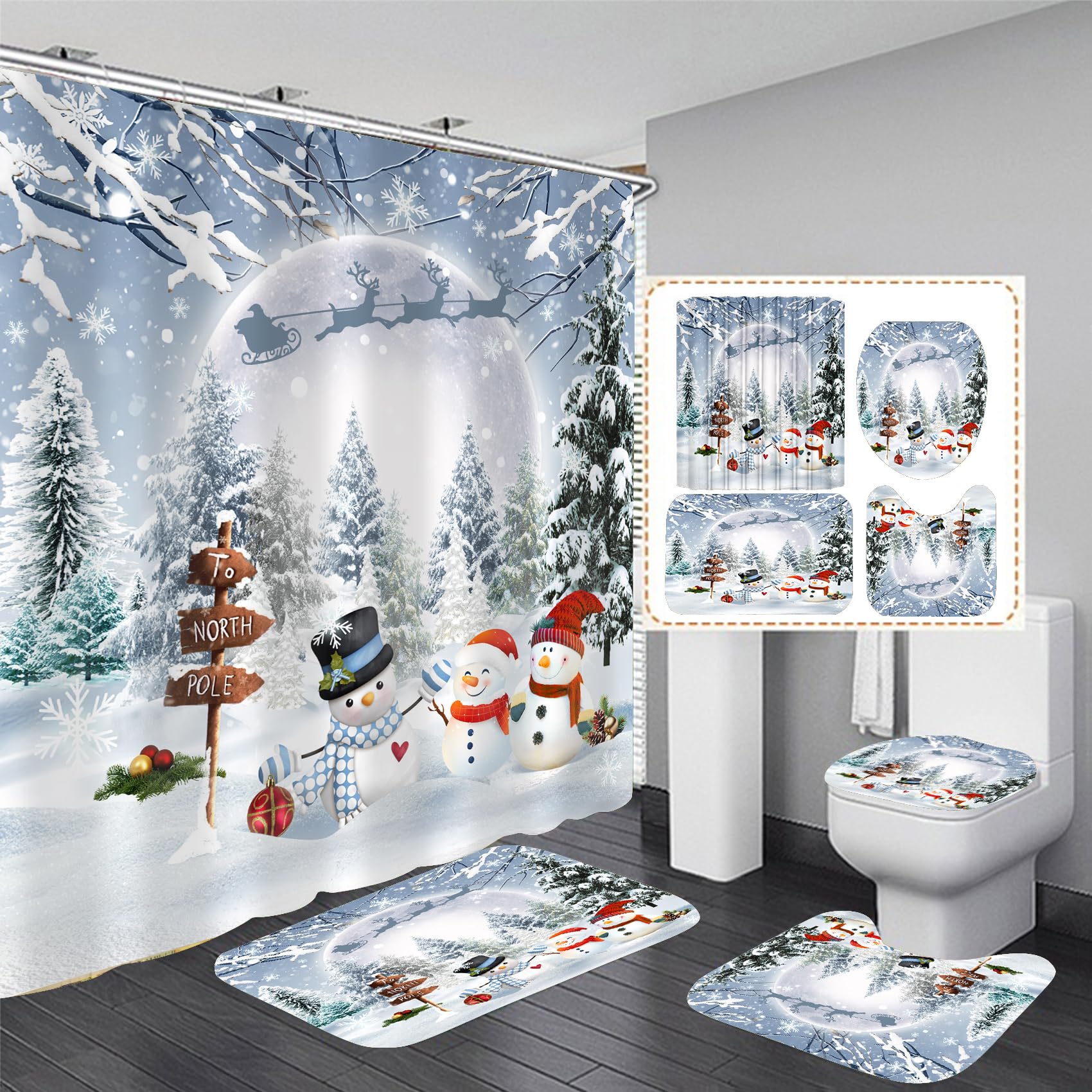 Xswpl Winter Christmas Shower Curtain Set 72 X72, Xmas Snowman Theme Shower Curtain Decor,Bathroom Set With Rugs, Christmas Wate
