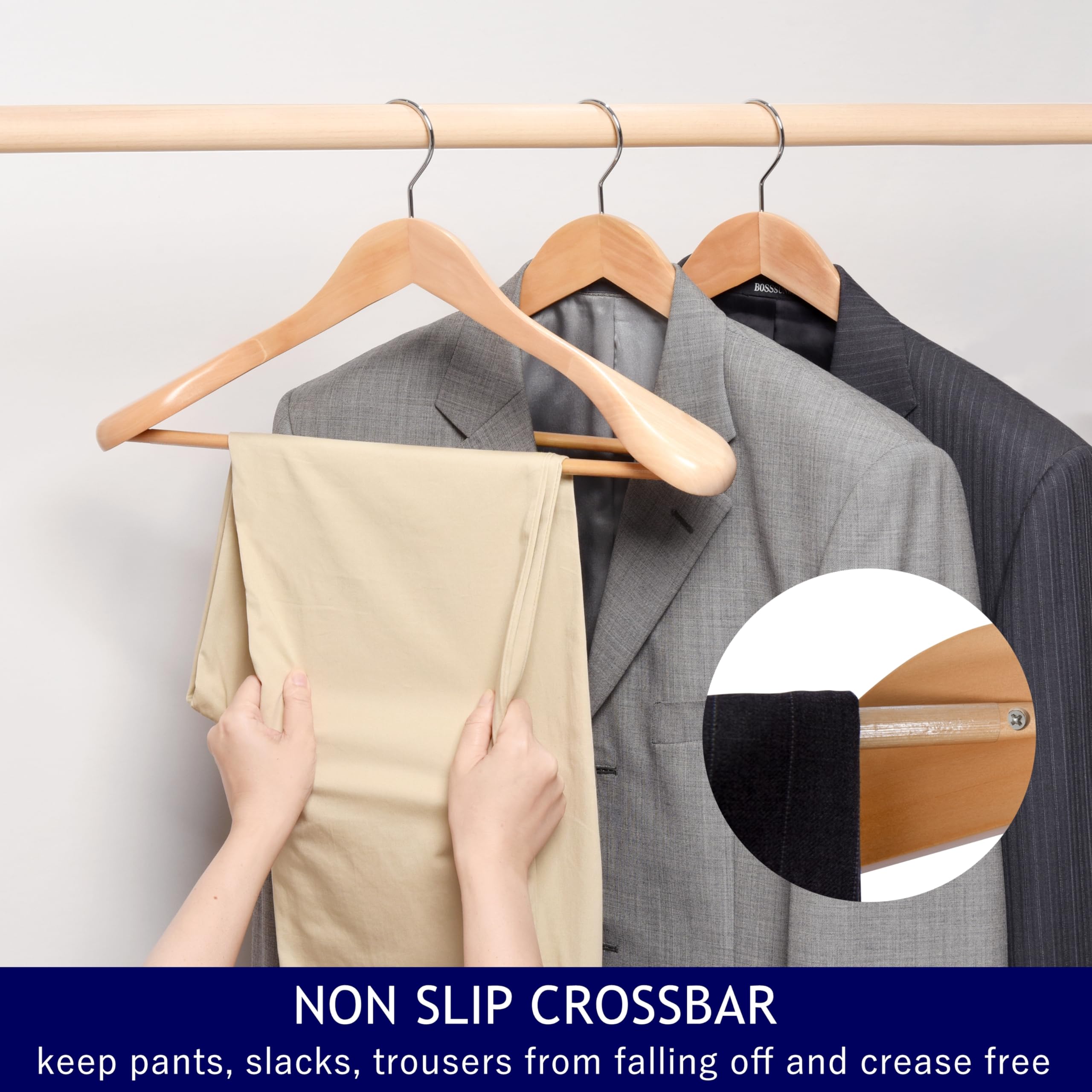 Amber Home 6 Pack Wide Shoulder Wooden Suit Coat Hangers With Non Slip Pants Bar, Solid Wood Jacket Clothes Hangers Smooth Finis
