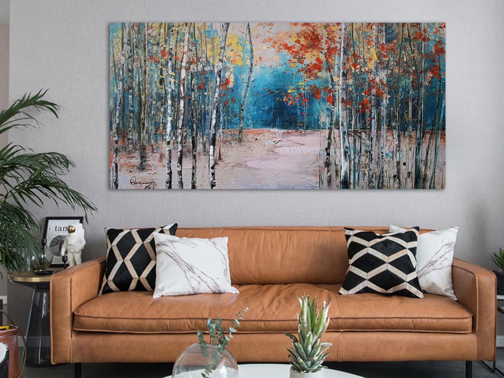 Ardemy White Birch Tree Canvas Wall Art Blue Forest Painting Landscape Picture  Teal Nature Artwork Modern Large Framed for Living Room Bedroom Bathroom Dinning Room Home Office Wall Decor 48''x24''