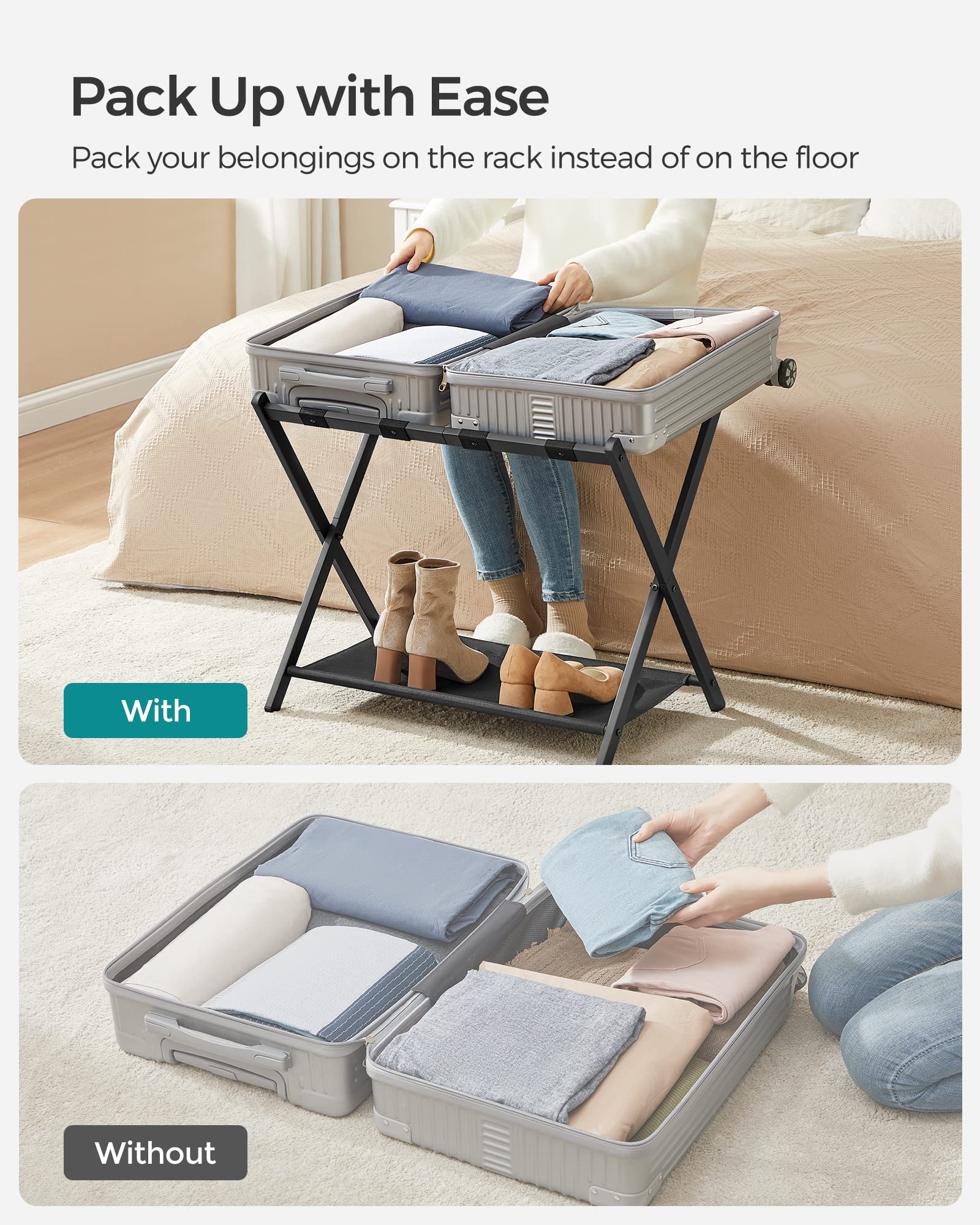 Songmics Luggage Racks For Guest Room, Set Of 2, Suitcase Stand With Storage Shelf, Steel Frame, Foldable For Easy Storage, Hote