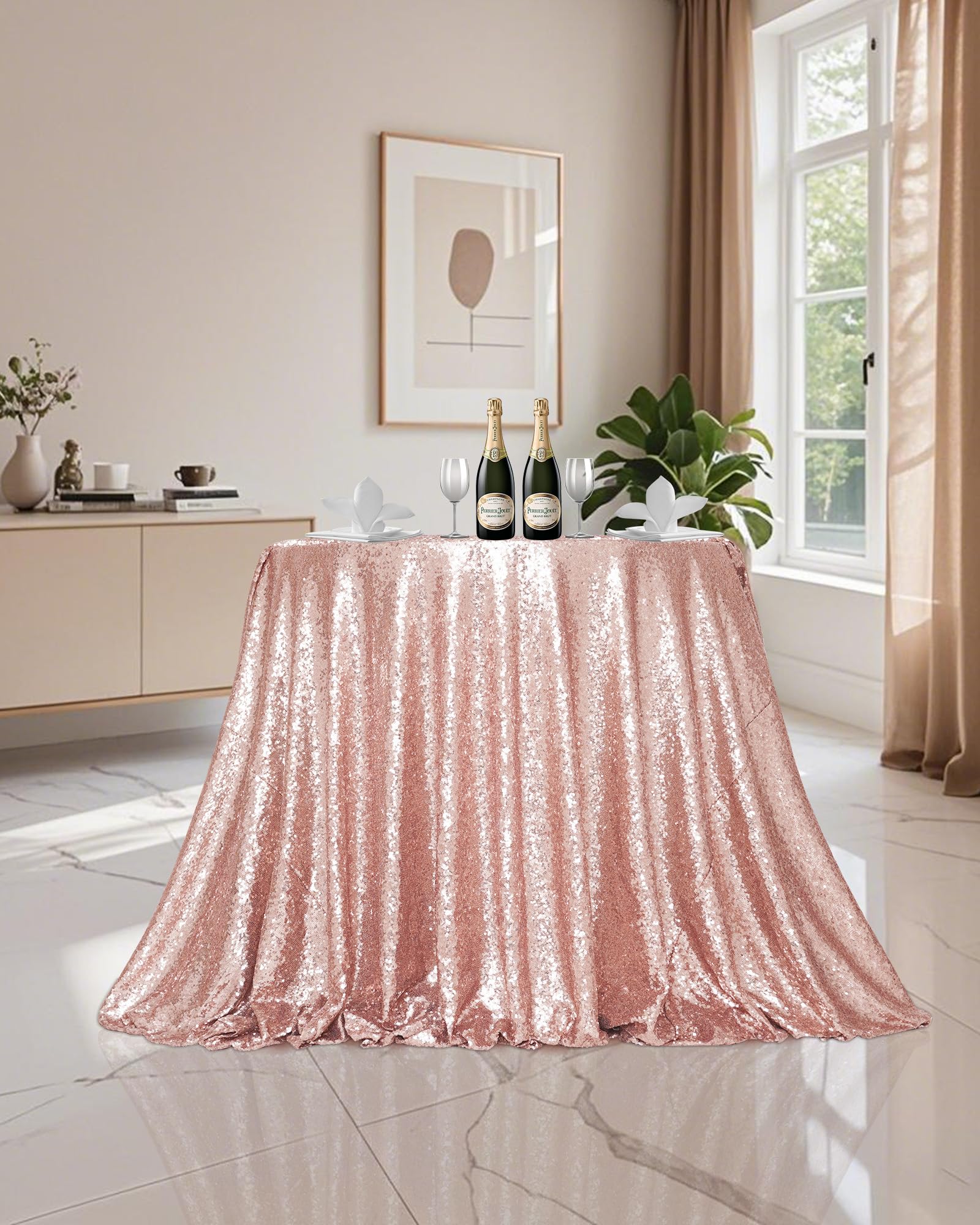 PartyDelight Sequin Tablecloth Rose Gold Round 70 for Wedding Party Birthday Bridal Baby Shower and Other Events Decorations