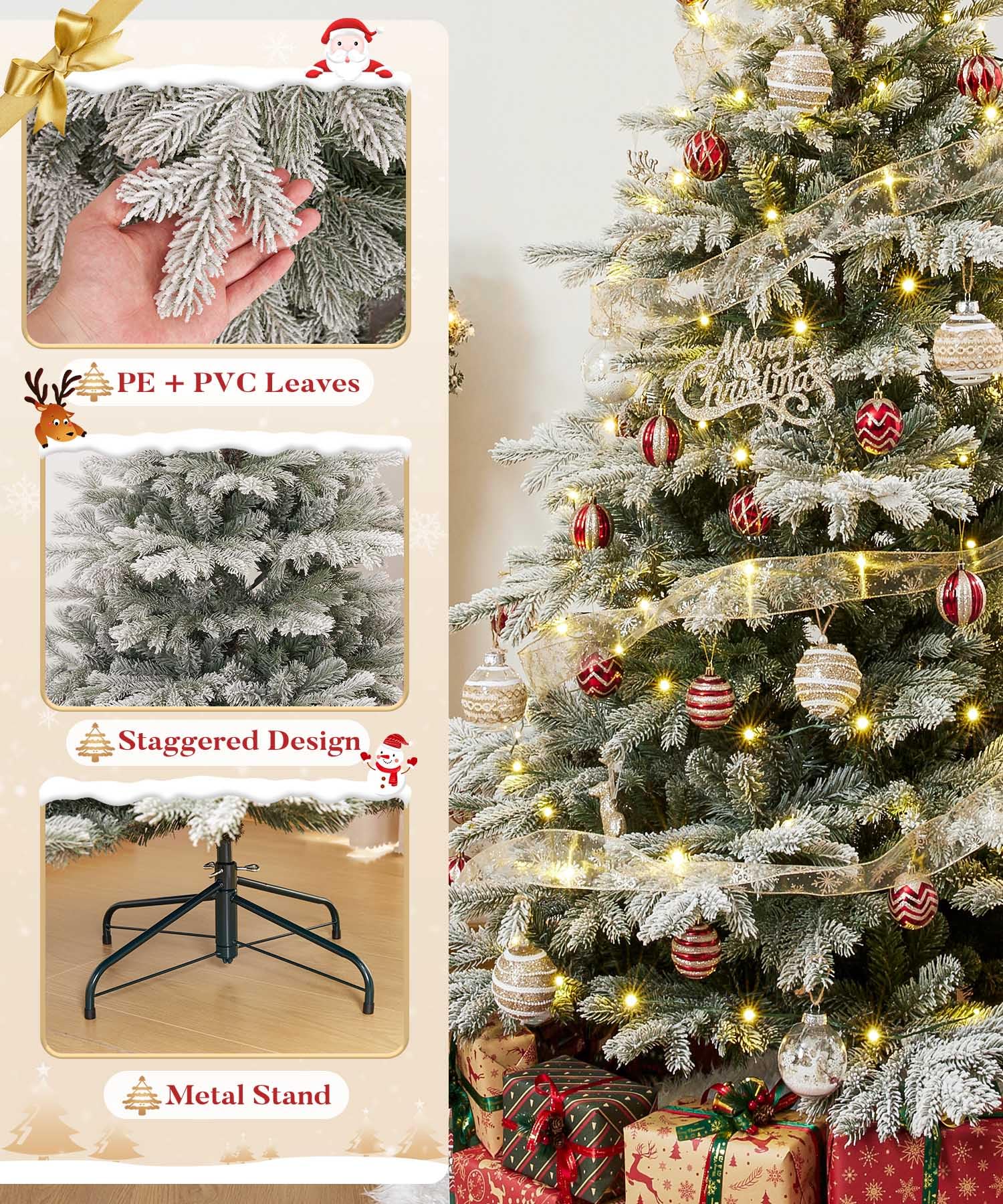 Decoway 6ft Artificial Christmas Tree, Unlit Snow Flocked Xmas Tree with 1571 Branch Tips and Sturdy Metal Stand for Indoor Outd