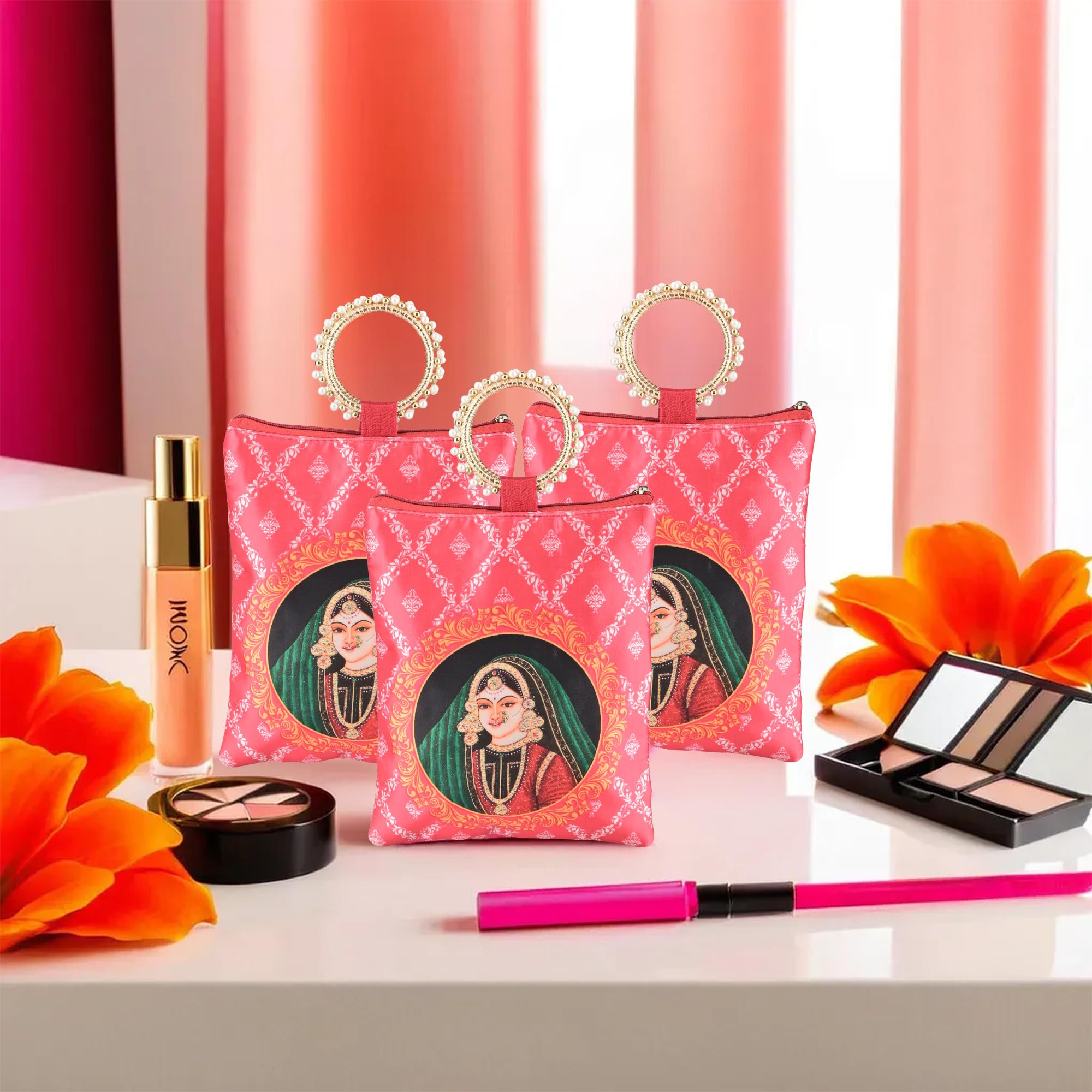 Kuber Industries 3 Pcs Silk Small Hand Bags For Women Stylish With Zip & Handle | Traditional Handheld Bags For Women | Ethnic L