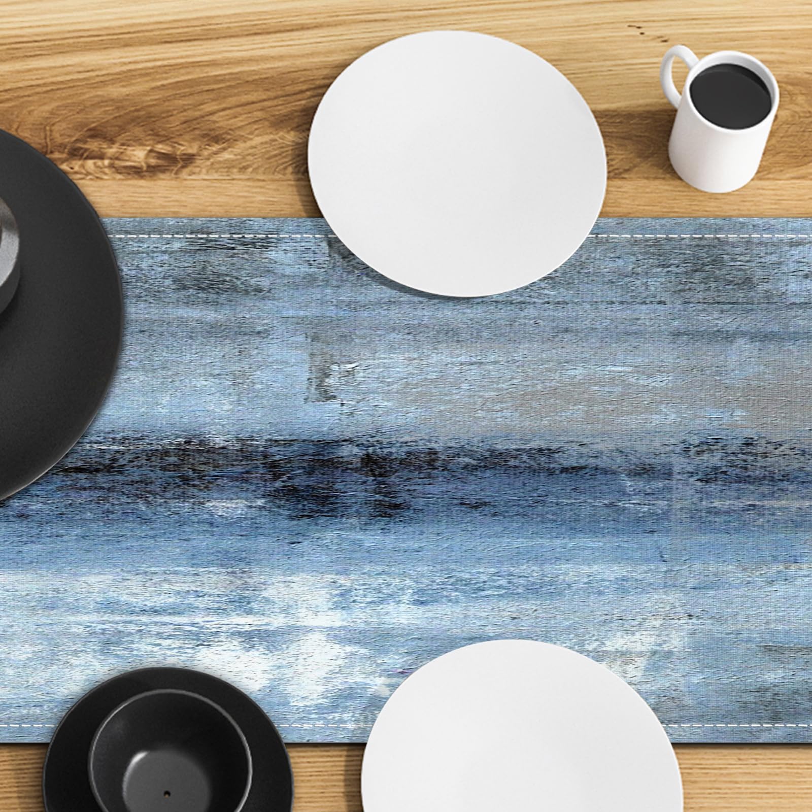 Blue Grey Table Runners Modern Art Farmhouse Linen Table Runners Dresser Scarves Retro Rustic Style for Party Kitchen Dining Tab