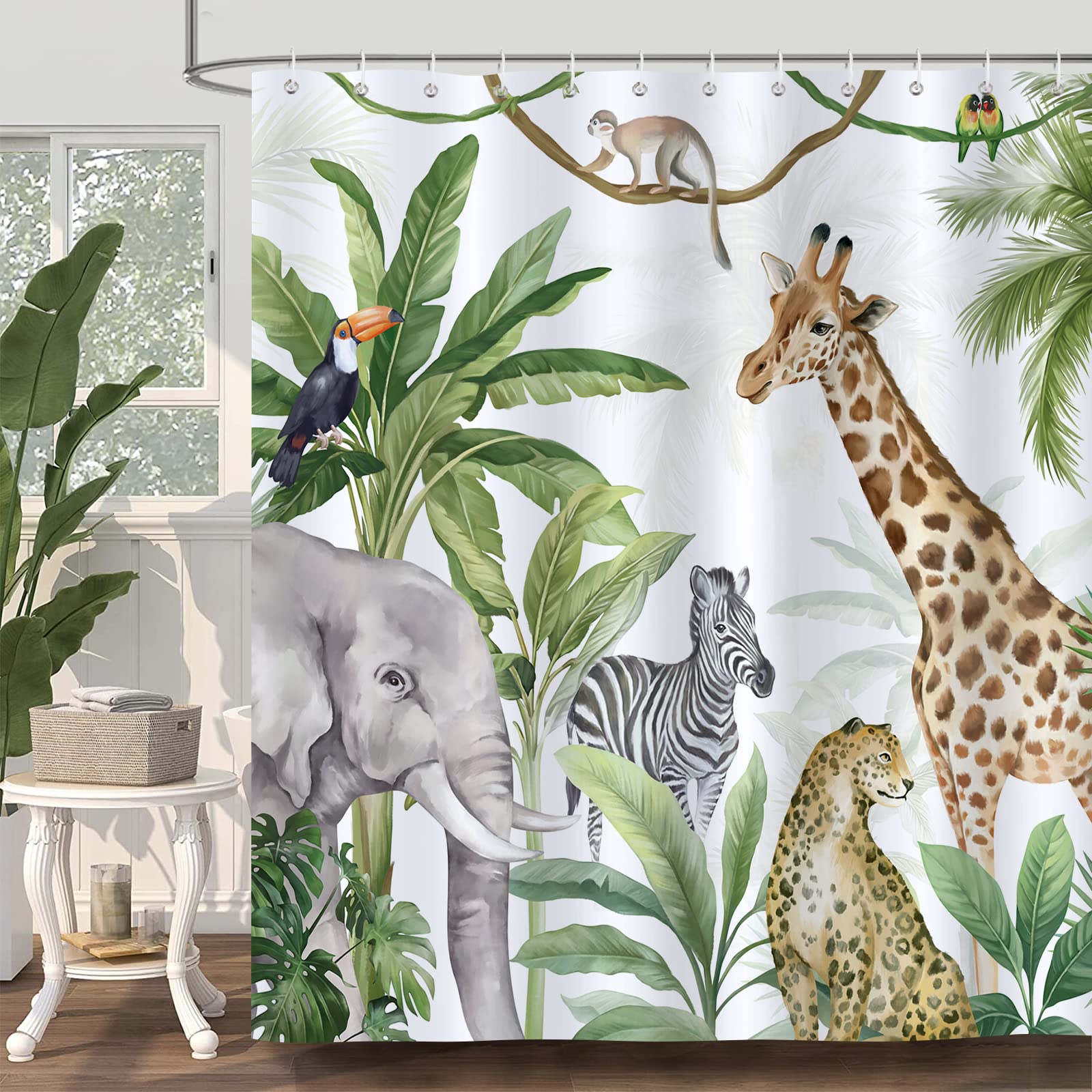 Bonhause Tropical Rainforest Animals Shower Curtain for Bathroom Jungle Elephant Giraffe Leopard Decorative Bath Curtain 72 x 72 Inch Polyester Fabric Waterproof Bathroom Curtain with 12 Hooks
