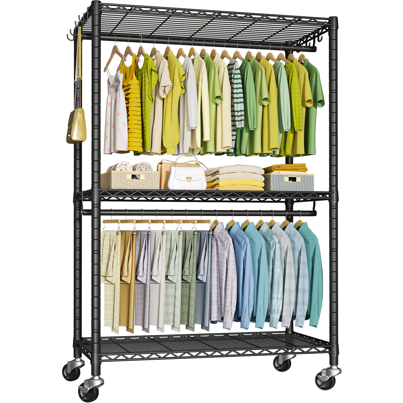 Futassi P3 Plus Rolling Clothes Rack, Clothing Racks For Hanging Clothes, Heavy Duty Garment Rack With Wheels, Freestanding Port