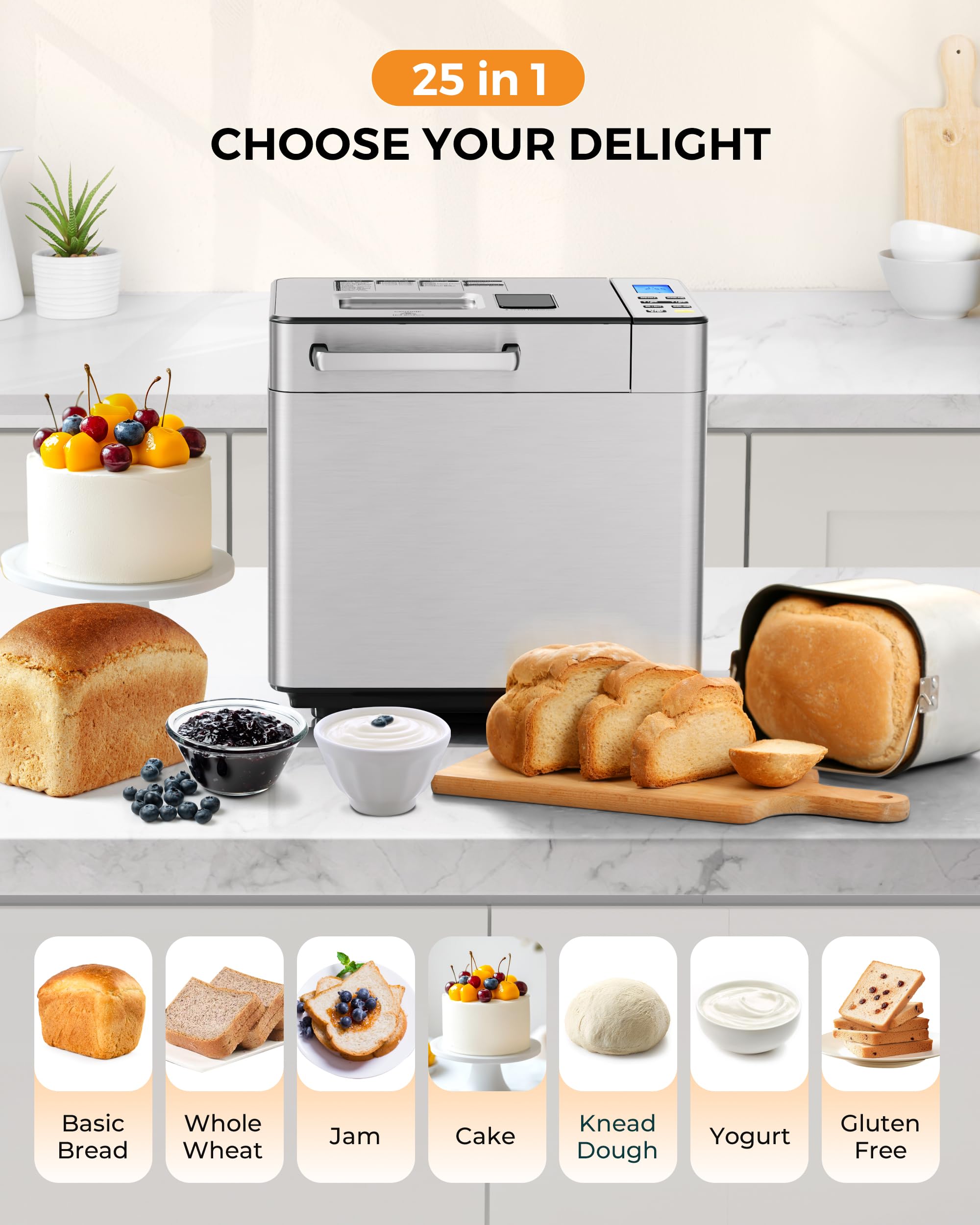 EUHOMY 25-in-1 Bread Maker Machine 2LB Breadmaker, Bread Machines with Nut Dispenser and Yeast Dispenser, 3 Loaf Sizes 3 Crust C