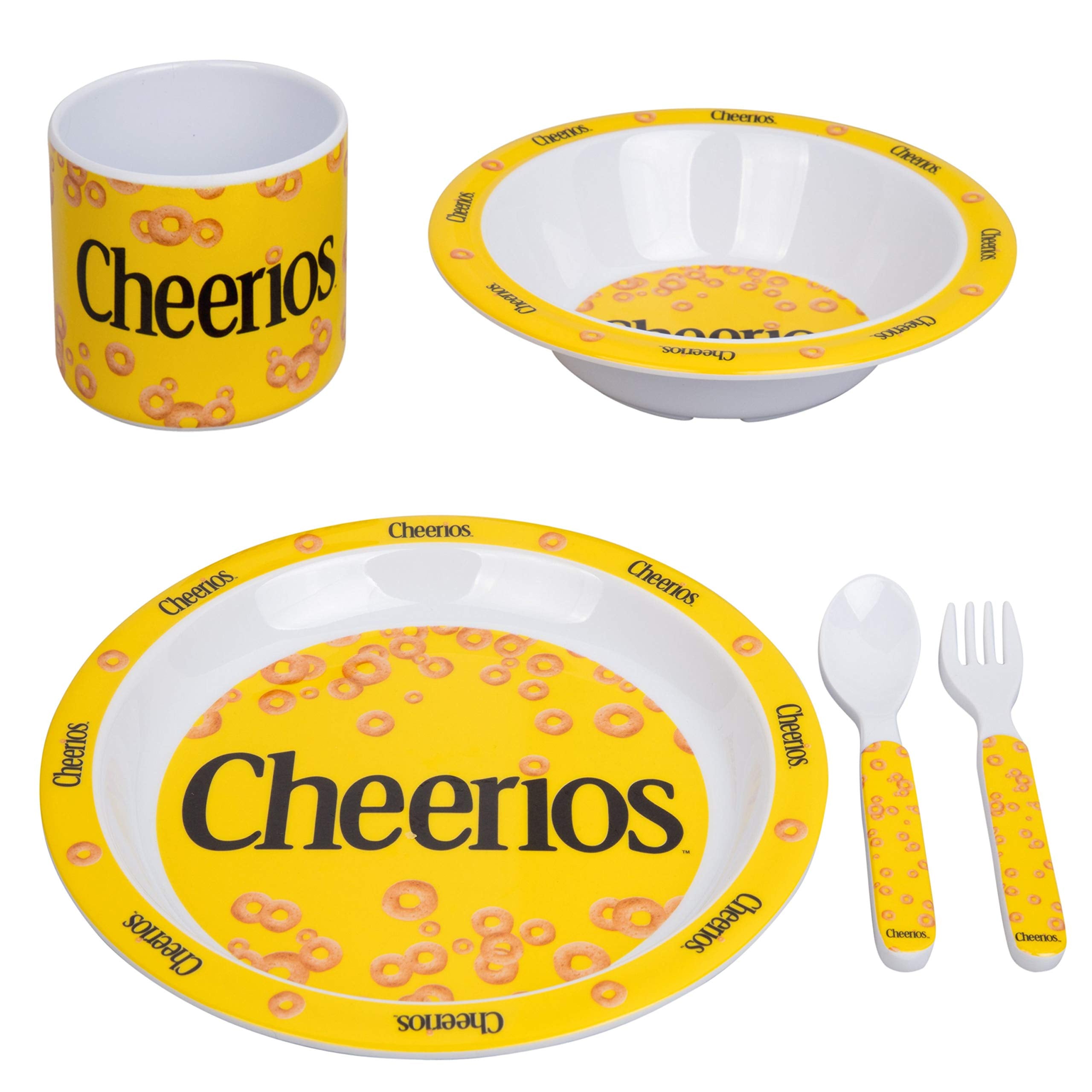 Cheerios 5pc Kids Plates Mealtime Feeding Set for Toddlers - Dinnerware Dish Set w Plate, Bowl, Cup, Utensils- BPA/PVC Free & Di