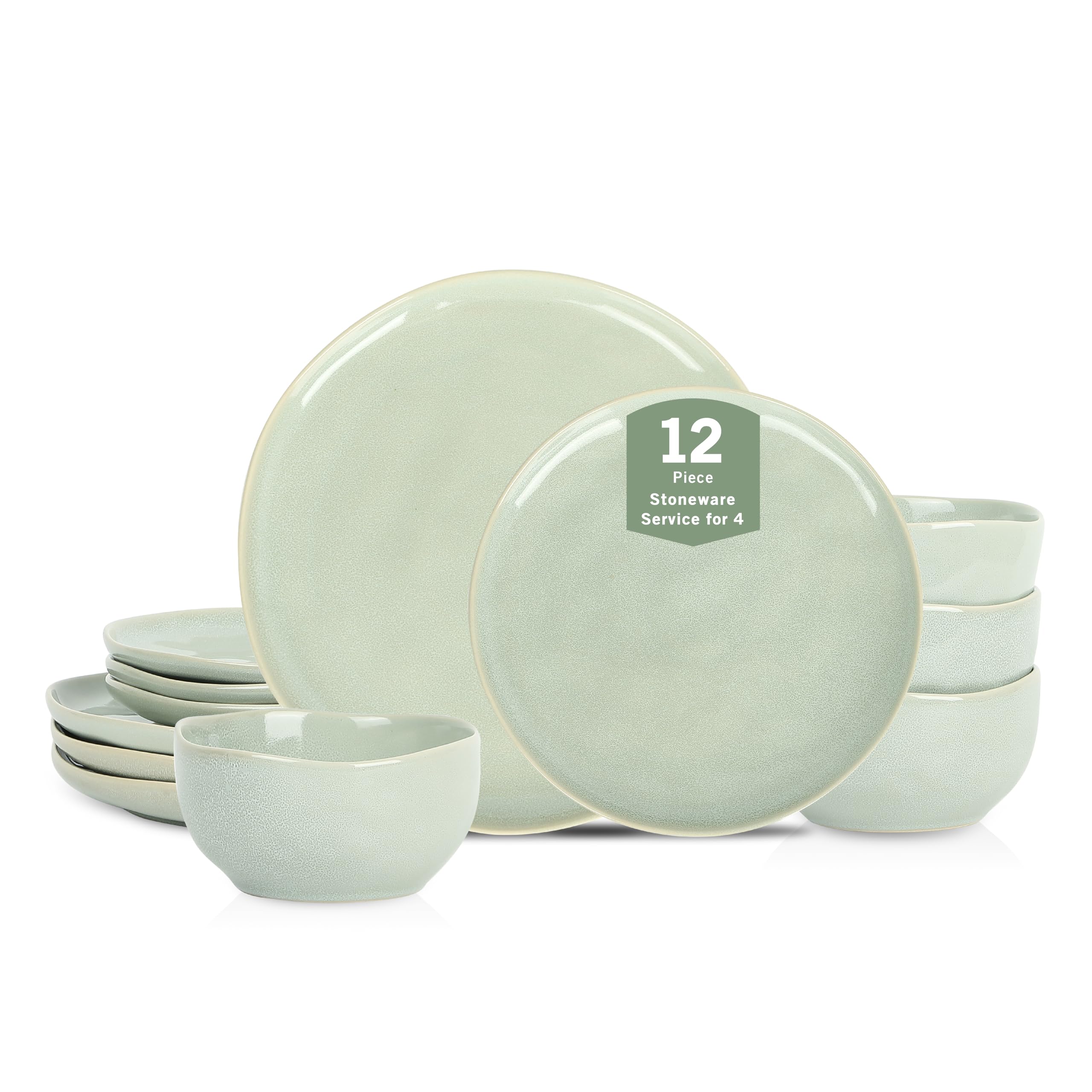 Stone Lain Mirella 12-Piece Stoneware Dinnerware Set for 4 - Reactive Glaze Light Green - Includes Dinner Plates, Salad Plates &