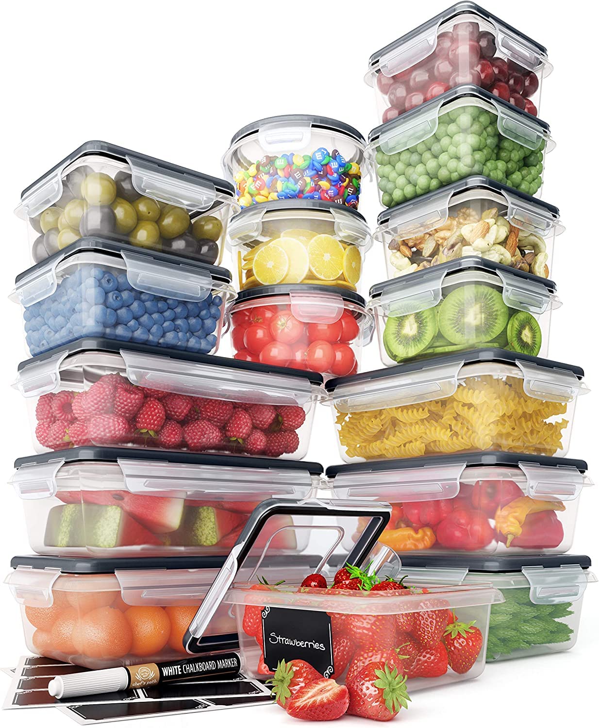 Chef'S Path 32 Piece Plastic Food Storage Containers With Lids (16 Lids + 16 Containers), Airtight Plastic Containers For Pantry