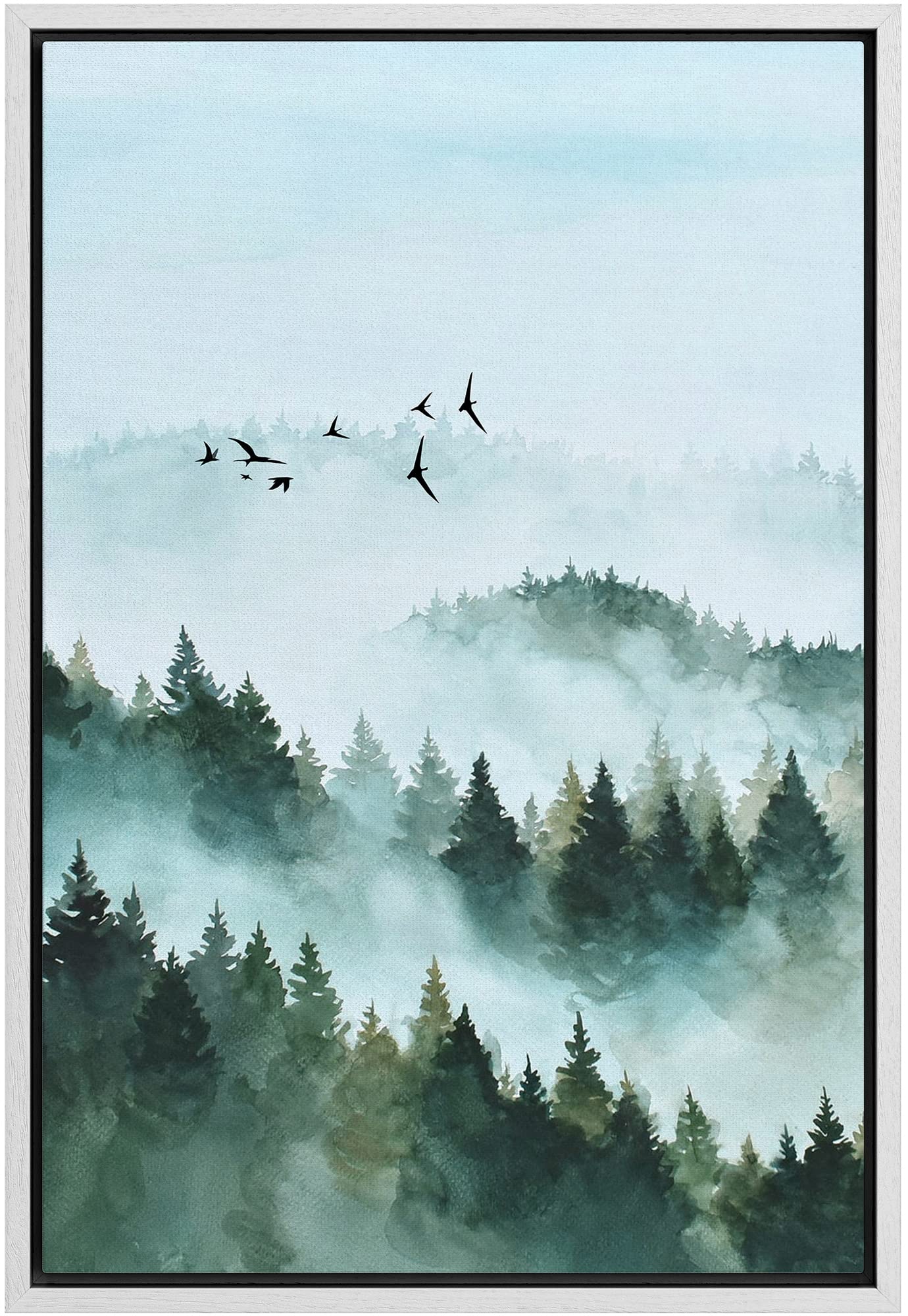 Signwin Framed Canvas Print Wall Art Woodland Nursery Decor Mist & Fog Bird Sky Pastel Tree Forest Nature Modern Art Decorative
