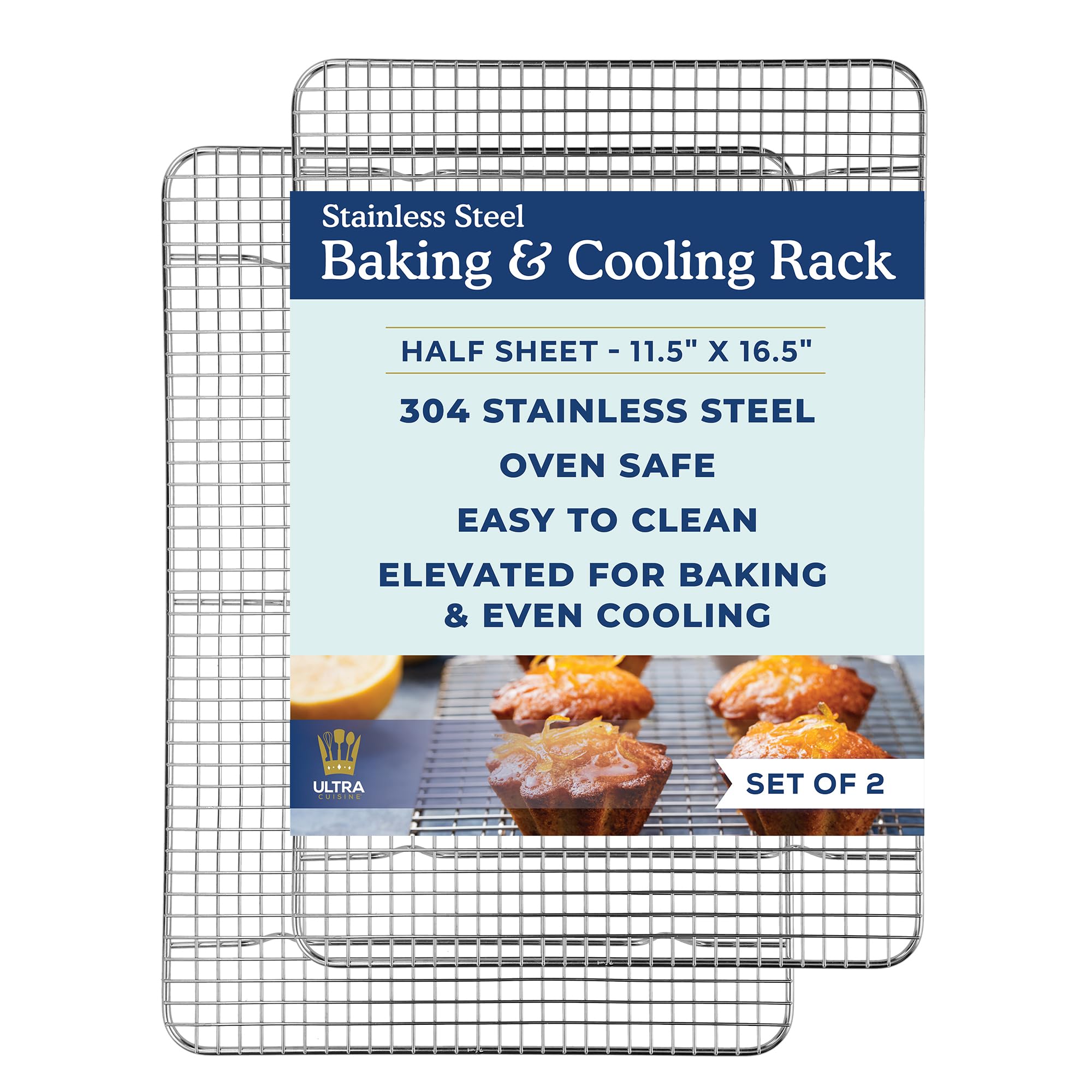 Ultra Cuisine Oven-Safe, Dishwasher-Safe 100% Stainless Steel Cooling And Baking Rack Set Heavy Duty Tight-Wire - 11.5 X 16.5-In