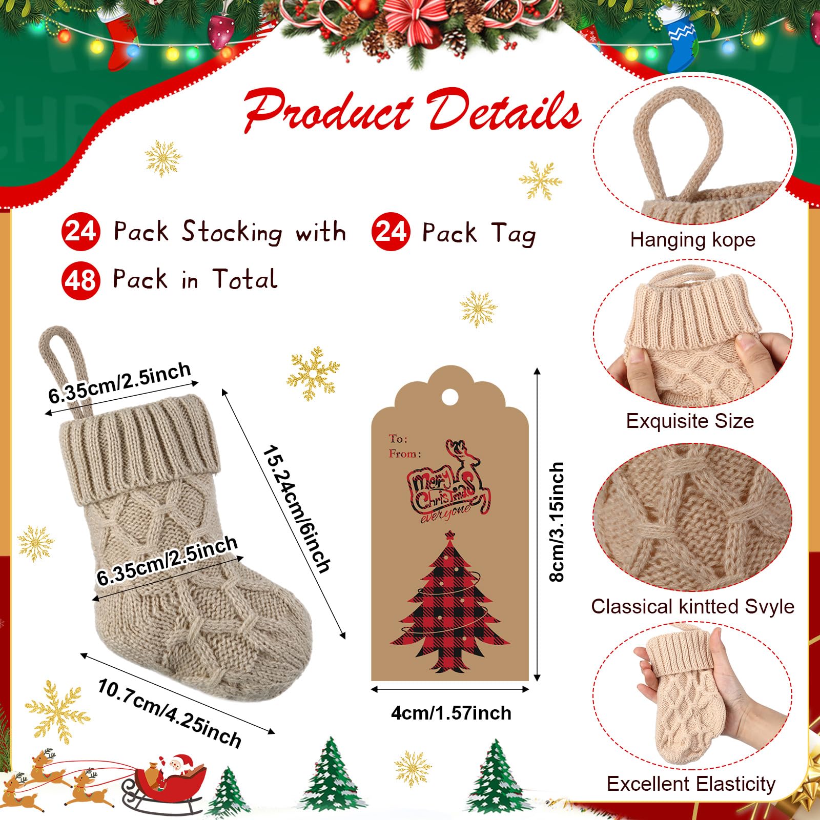 Glimin 24 Set Mini Christmas Stockings Set 6 Inch Faux Fur Xmas Hanging Stocking for Xmas Kraft Gift Tags(Diamond, Light Color)