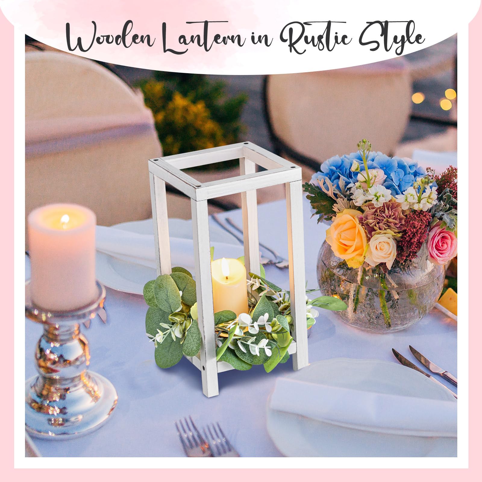 Geelin 12 Set 10.59   White Wooden Lanterns for Wedding Centerpieces Include 12 Wooden Lantern 12 LED Candle 12 Eucalyptus Leave