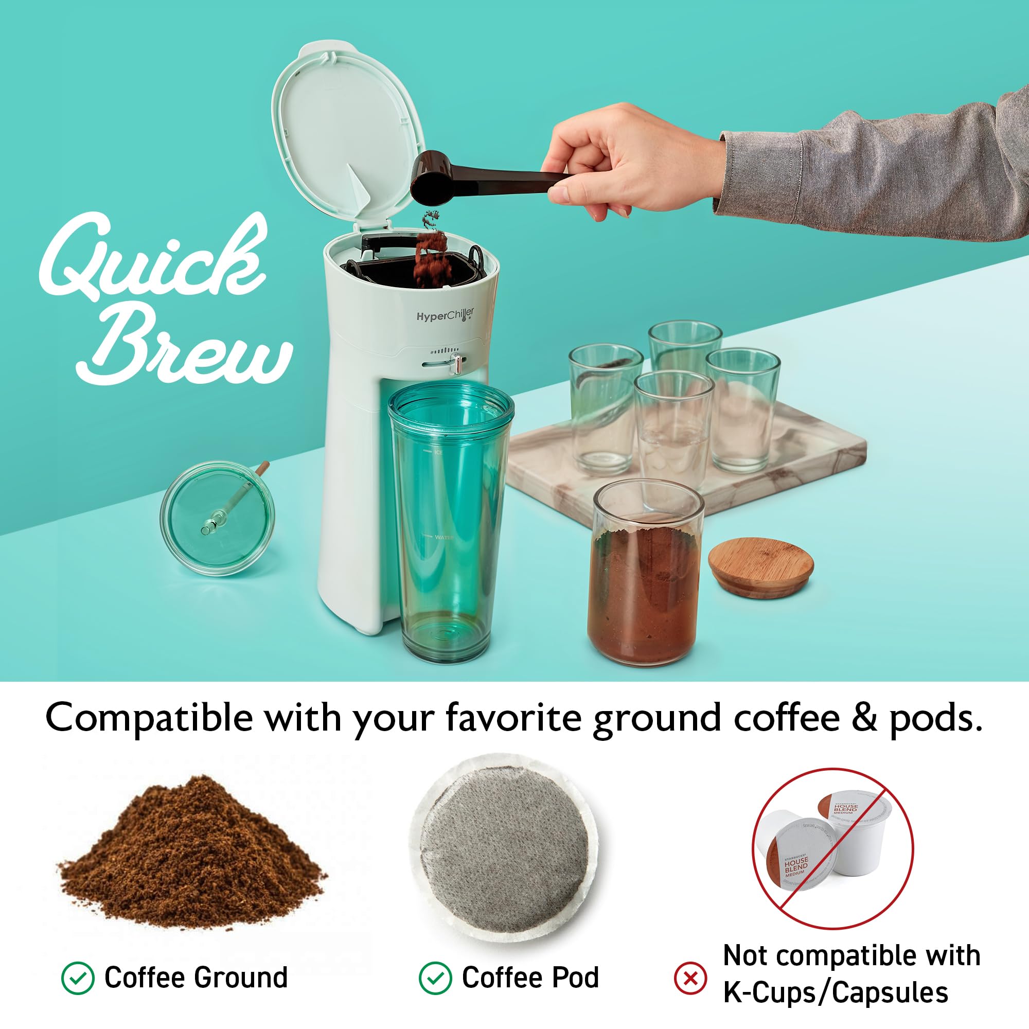 Hyperchiller Ehc824 Iced & Hot Coffee Maker, Adjustable Flow/Strength Lever, Includes 20 Oz. Tumbler & Reusable Straw, Compatibl