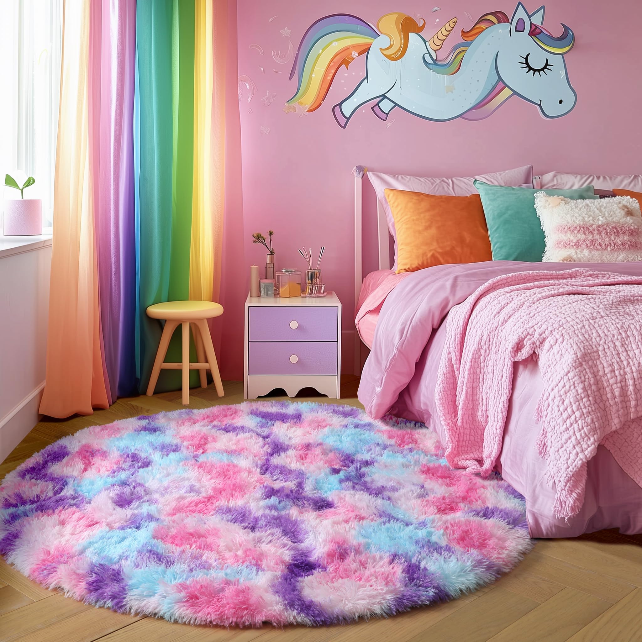 Amdrebio Hot Pink Rainbow Round Circle Area Rug 6Ft for Girls Bedroom, Large Fluffy Cute Fuzzy Colorful Pastel Kids Rugs for Nur