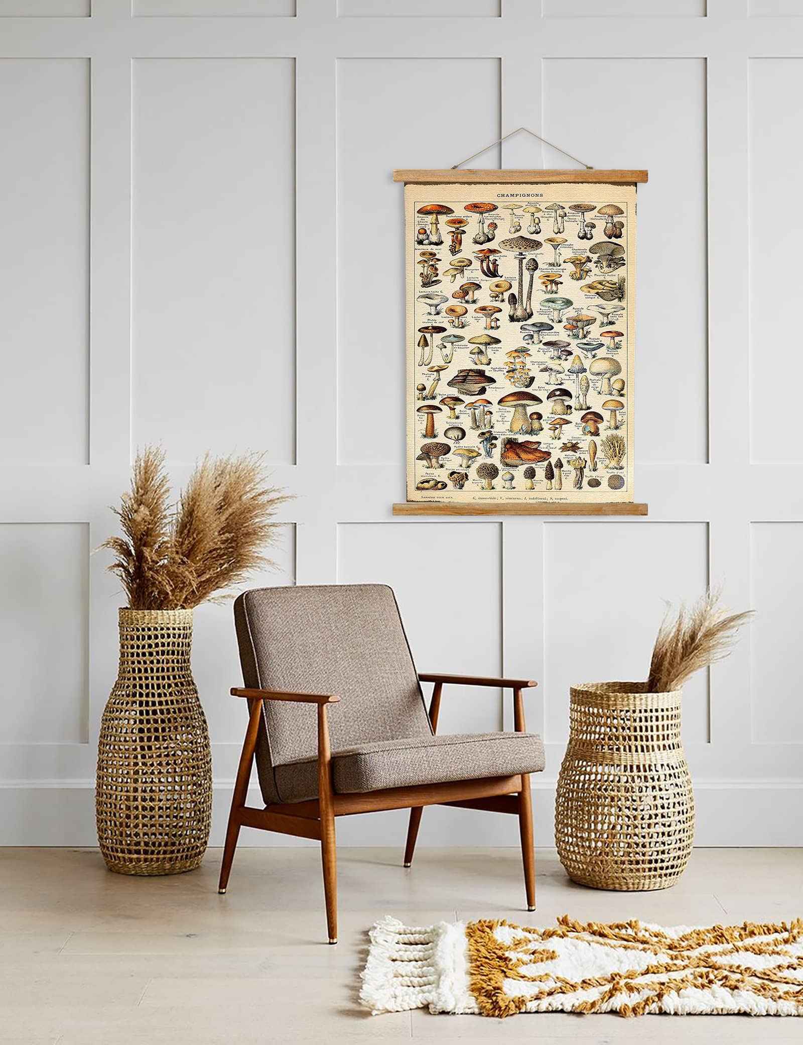 Ovfovy Vintage Mushroom Poster Hanger Frame, Retro Style Wall Art Prints, Printed On Linen With Natural Wooden Frames, Wall Hang