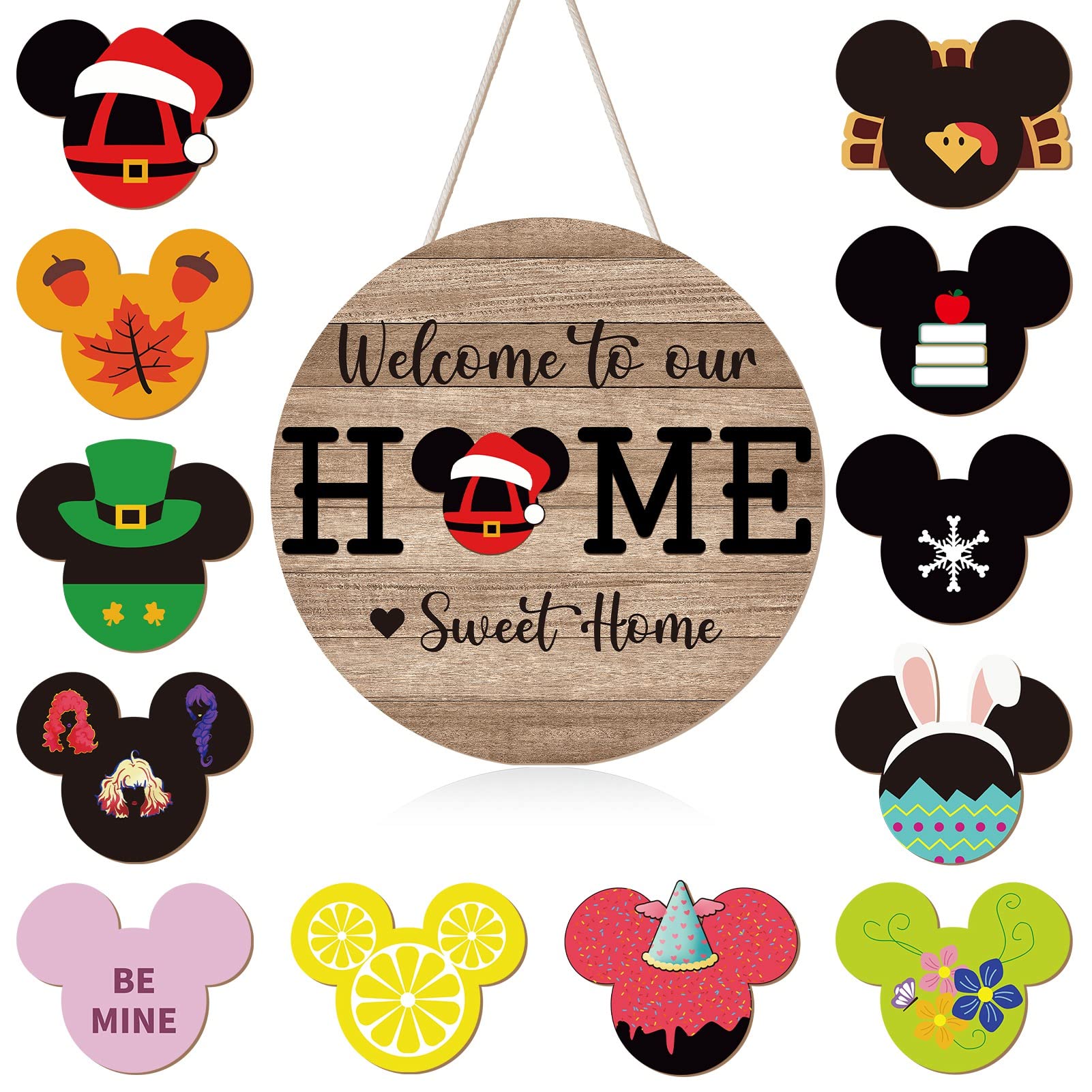 Qweryboo 13 Pcs Mouse Welcome Door Sign,Seasonal Interchangeable Wreaths Rustic Wood Hanging Signs Welcome to Our Home Door Sign