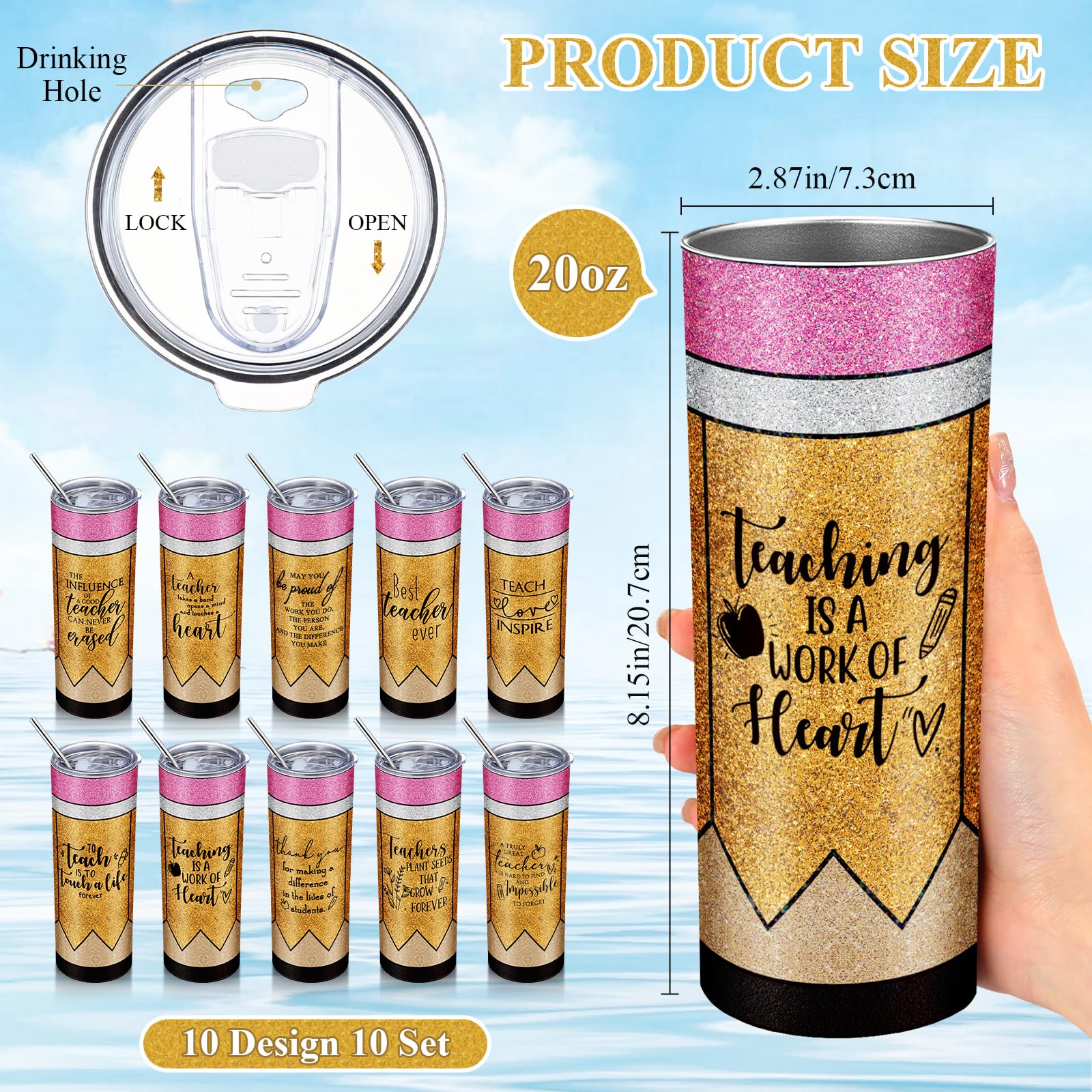 Singhoow 10 Pcs Skinny Tumblers Back To School Teacher Gifts Set 20 Oz Stainless Steel Tumblers With Lids And Straws Teacher App