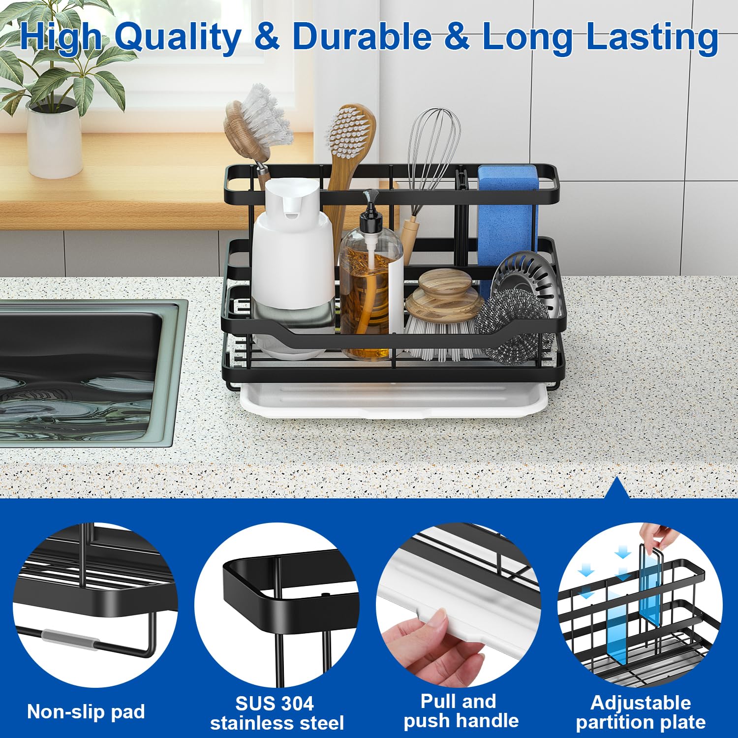 Sponge Holder For Kitchen Sink Caddy Kitchen Sink Organizer, Sink Rack For Kitchen Countertop Dish Sponge Holder Soap Brush Disp