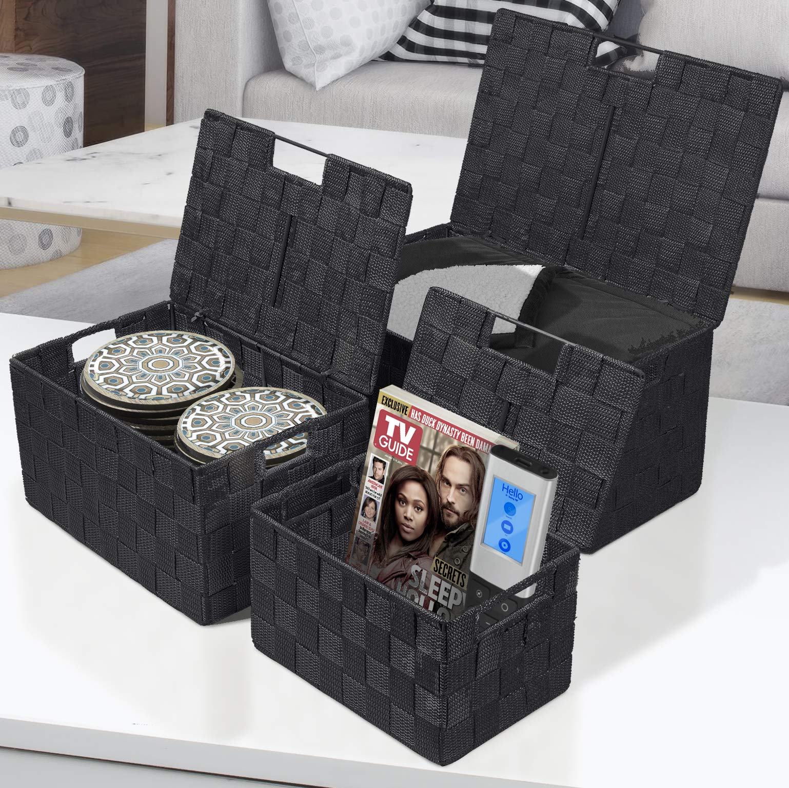Sorbus Storage Basket With Lid, Mesh Hand-Woven Basket, Decorative Storage Boxes With Lids, Wicker Basket Organizers For Storage