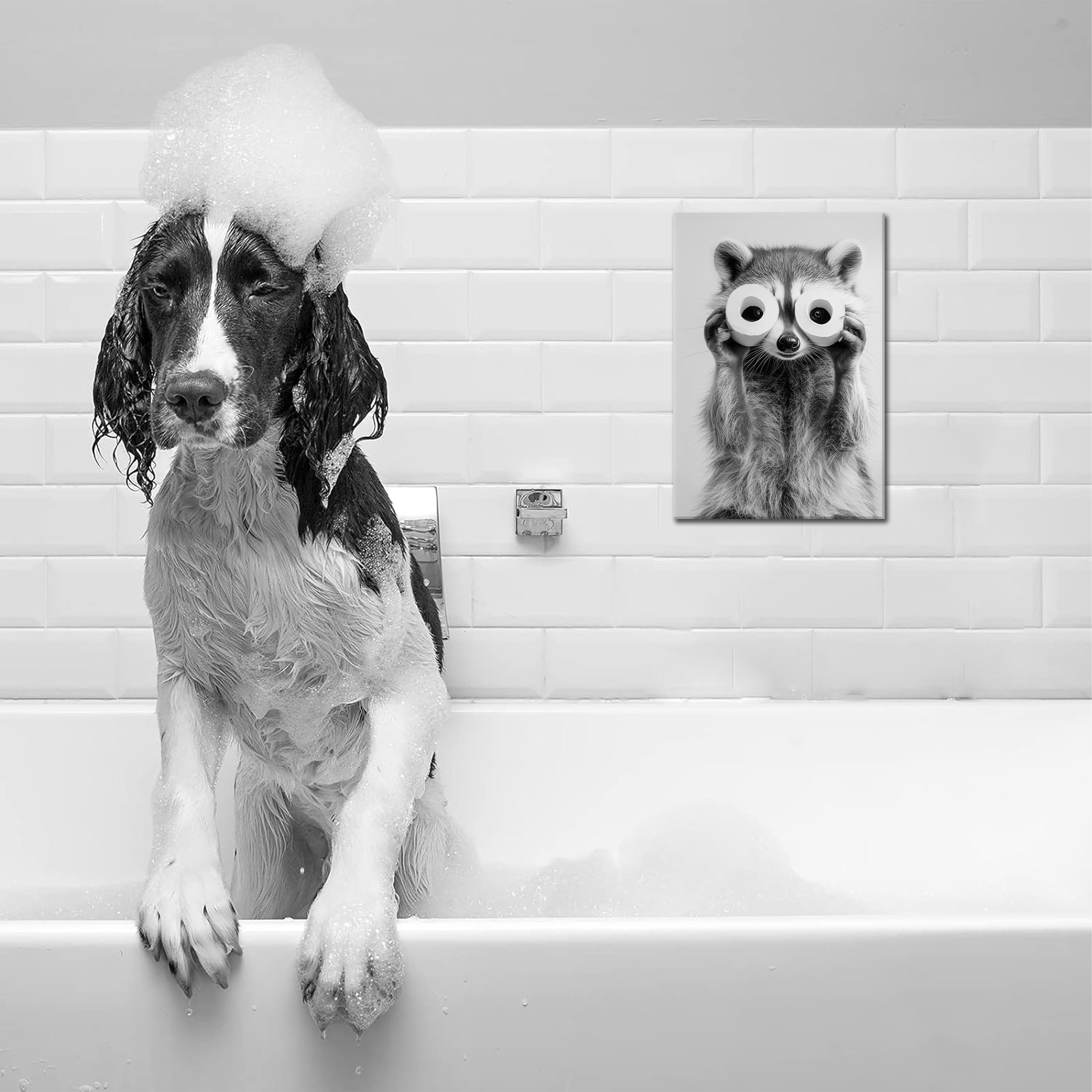 Adorable Raccoon Bathroom Canvas Wall Art Toilet Paper Raccoon Wall Decor Pictures Funny Black and White Bathroom Animal Posters