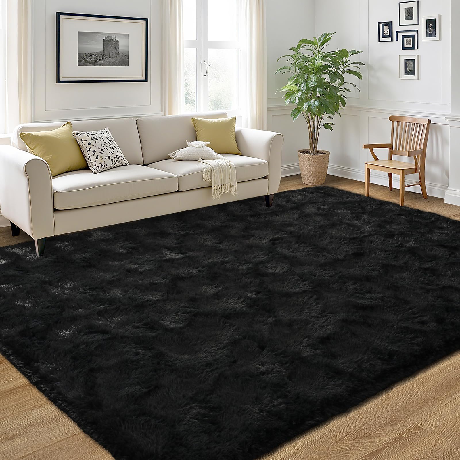 LOCHAS Ultra Soft Indoor Modern Area Rugs 10x14, Fluffy Living Room Carpets for Children Bedroom Home Decor Nursery Rug, Black