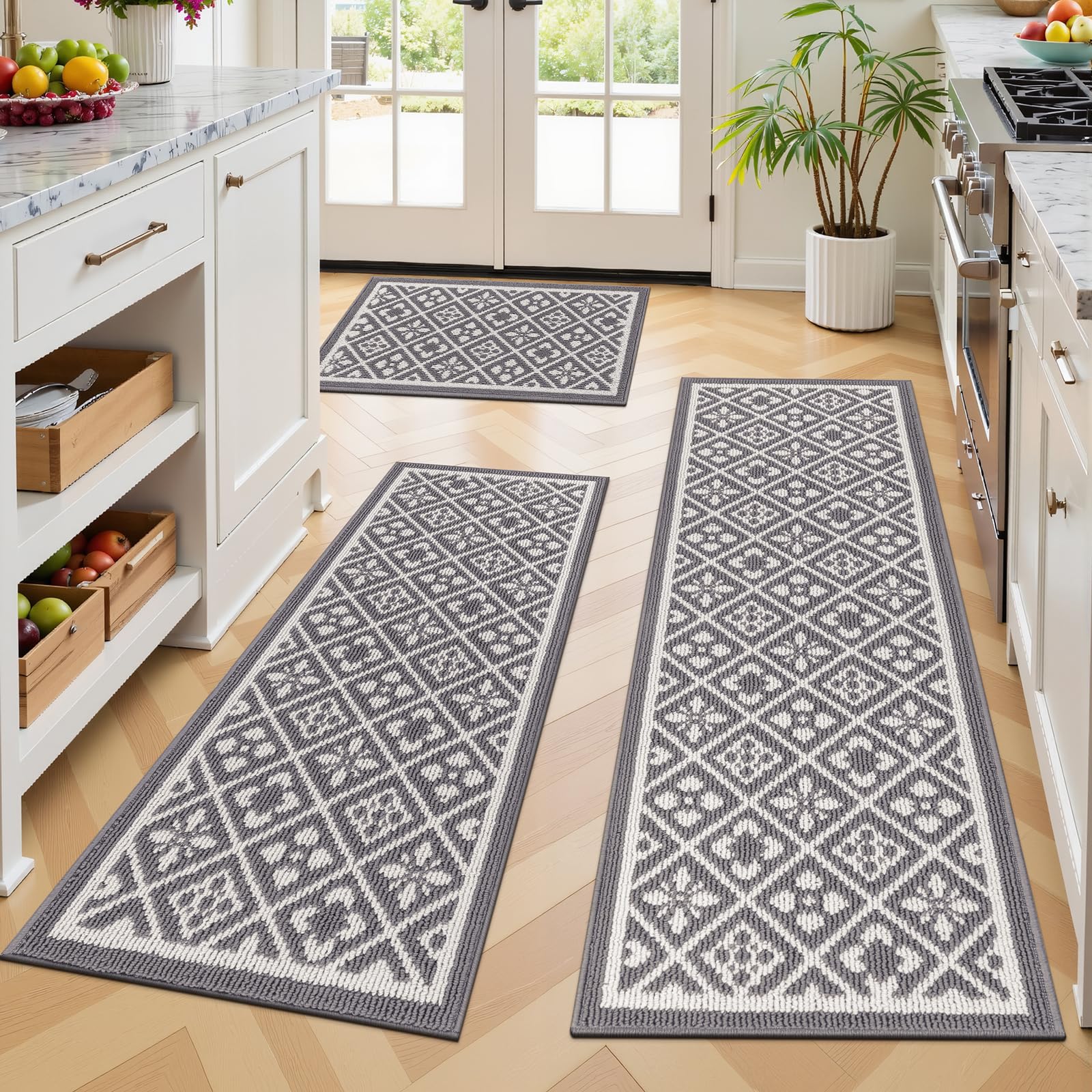 Ileading Kitchen Mat Sets 3 Piece Minimalist 3D Lattice Kitchen Floor Rugs with Non Slip Rubber Backing Machine Washable Farmhou