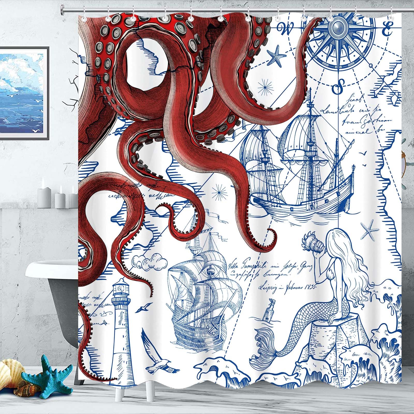 Fungarth Long Red Nautical Octopus Shower Curtain Navy Blue Mermaid Funny Ocean Kraken Shower Curtains For Bathroom Cool Anchor