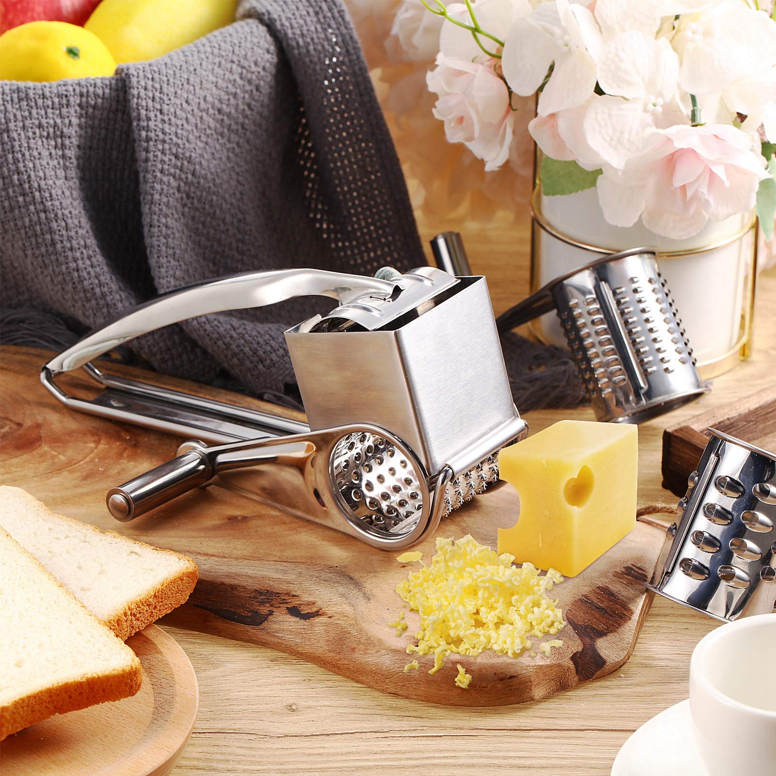 Honoson Stainless Steel Rotary Grater Handheld Rotary Grater Handheld Rotating Cheese Grater Cheese Cutter Slicer Shredder With