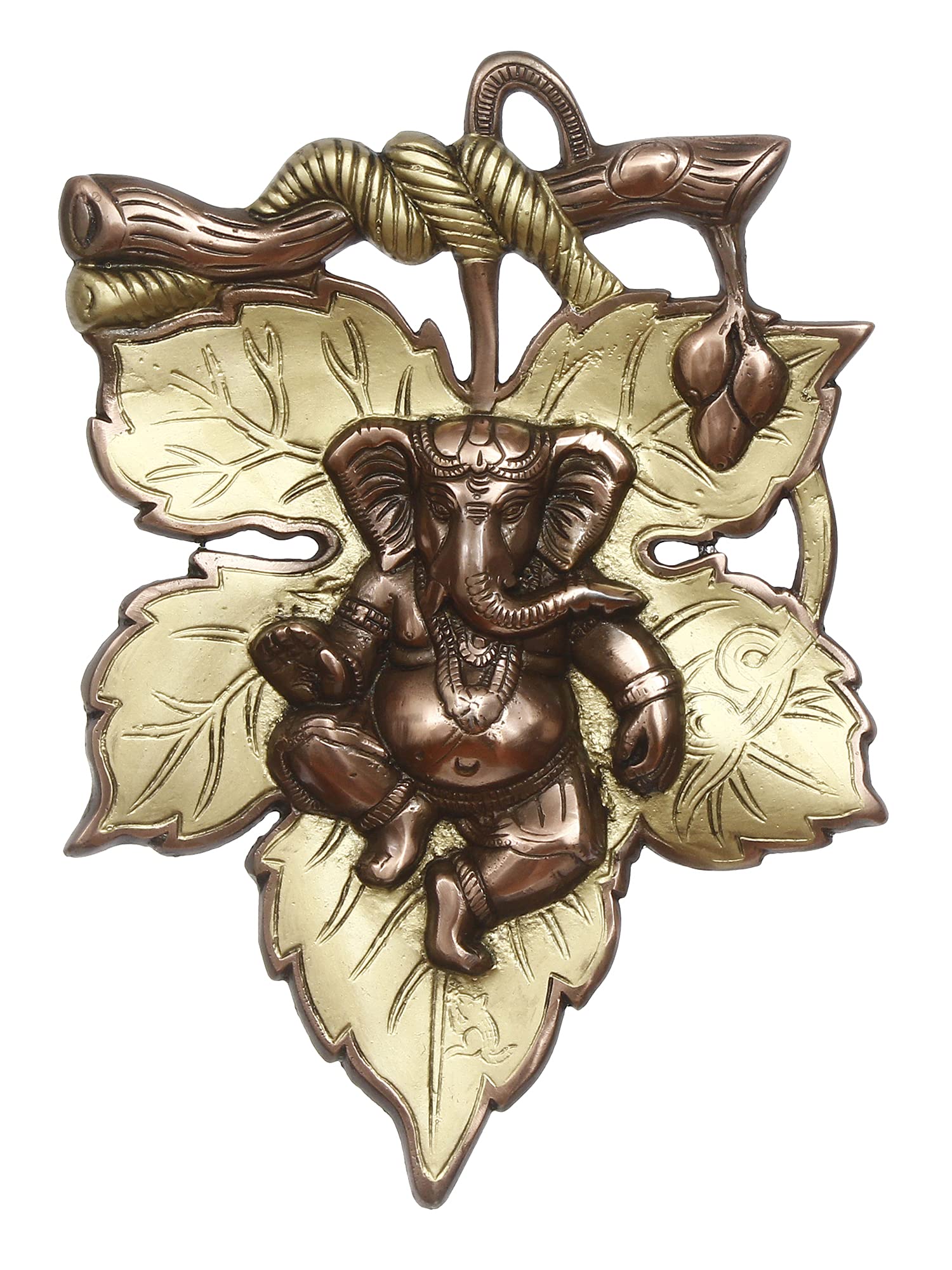 Ecraftindia Golden And Copper Finish Lord Ganesha On Creative Leaf Metal Wall Hanging - Decorative Hindu God Idol For Home, Livi