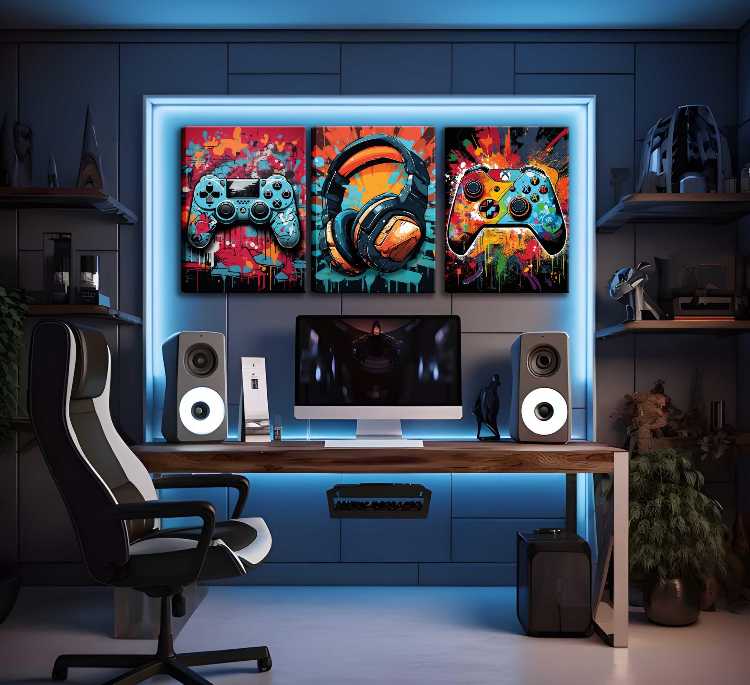 3Pcs Game Wall Art Color Video Game Handle Earphone Graffiti Theme Poster Room Decor Ative Neon Light Poster Prints Picture Chil