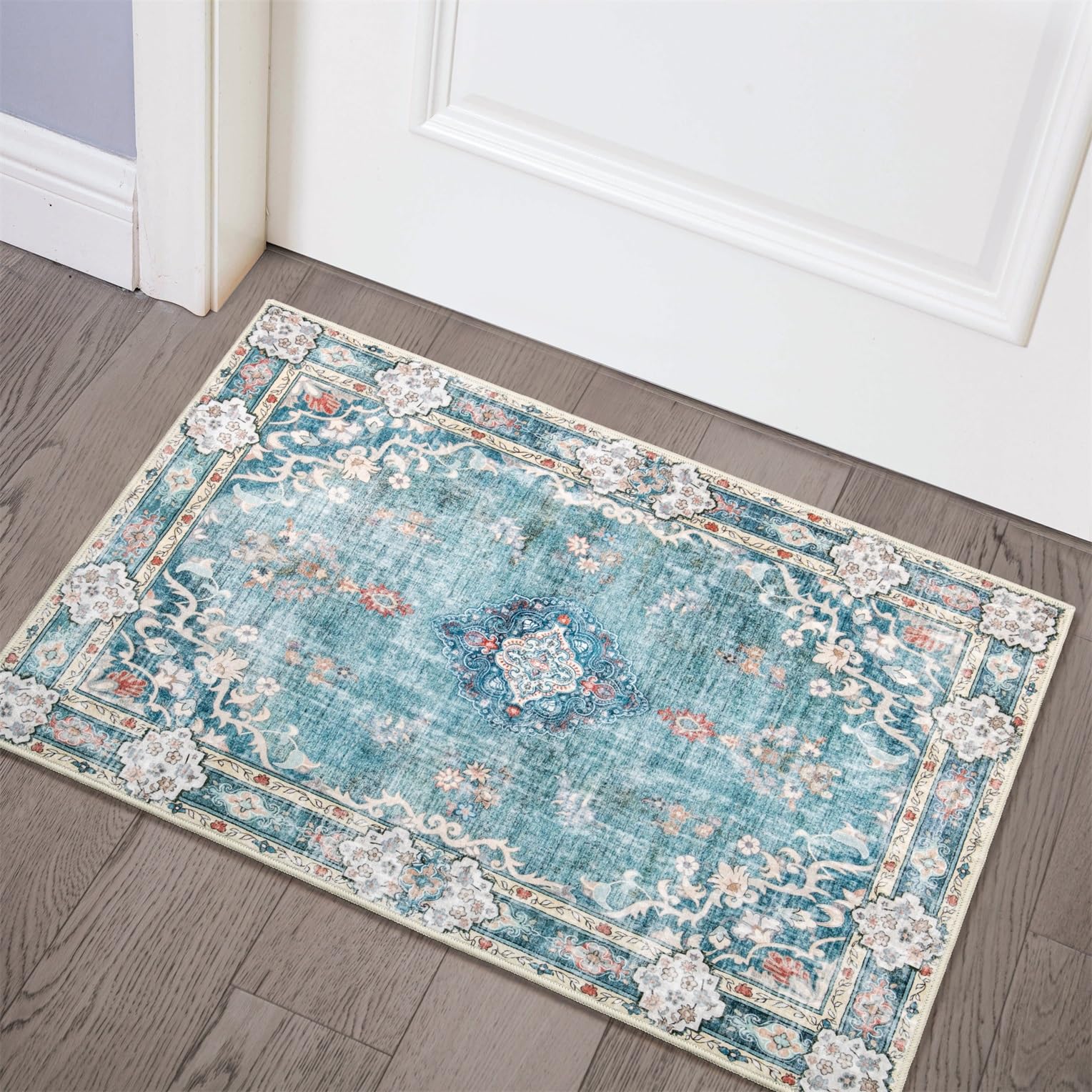 MUJOO Teal Area Rug Small Rugs Boho Machine Washable Rugs Non Slip for Entryway Kitchen Bathroom Bedroom Vintage Soft Low-Pile 2